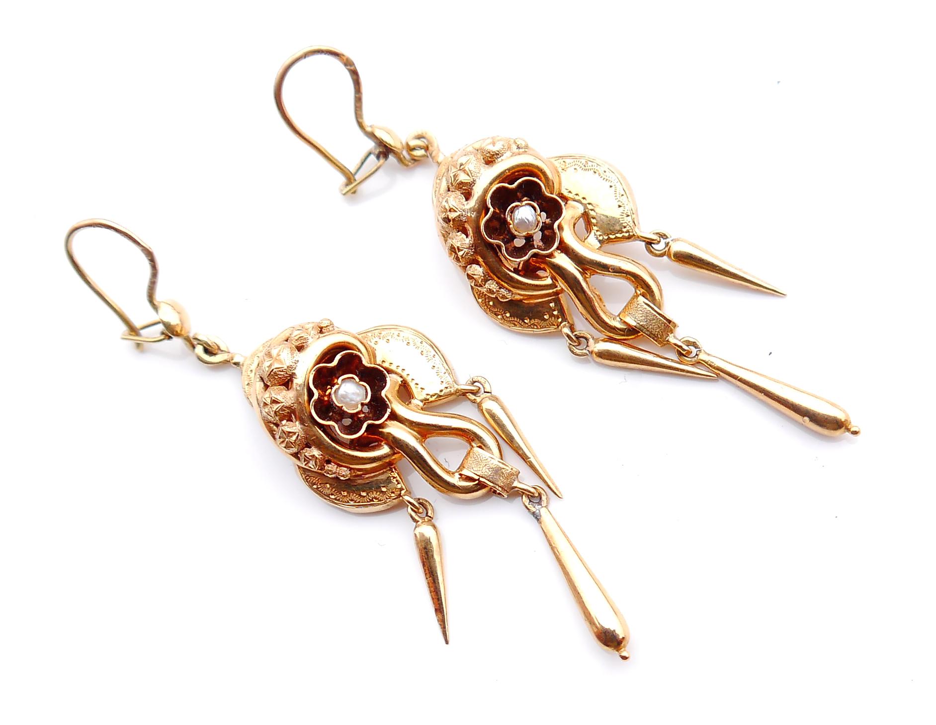Empire 1866 Antique Earrings Seed Pearls solid 18K Gold / 7gr For Sale