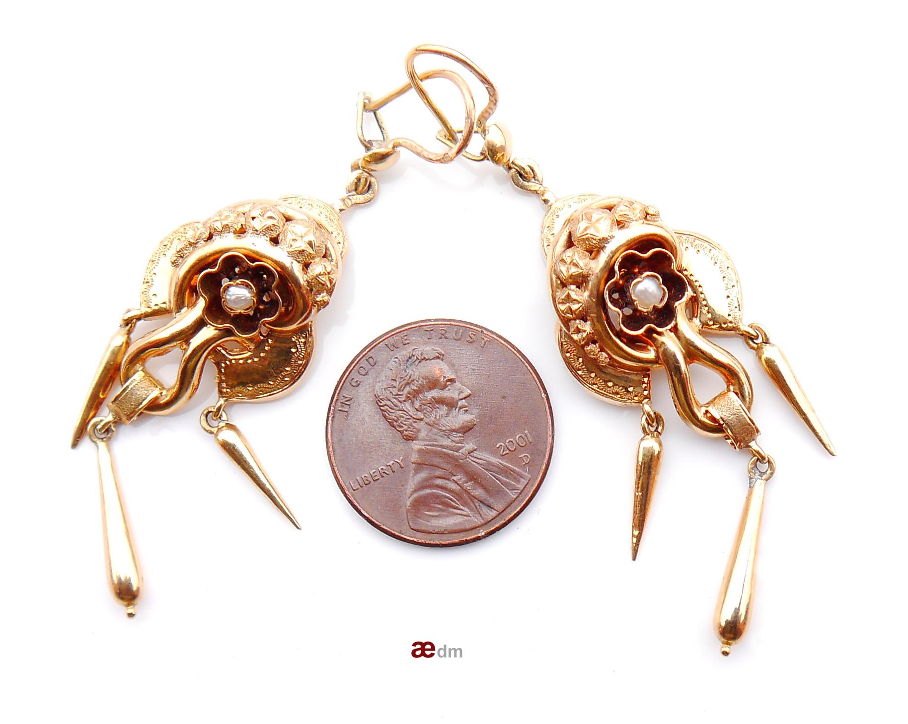 1866 Antique Earrings Seed Pearls solid 18K Gold / 7gr For Sale 3