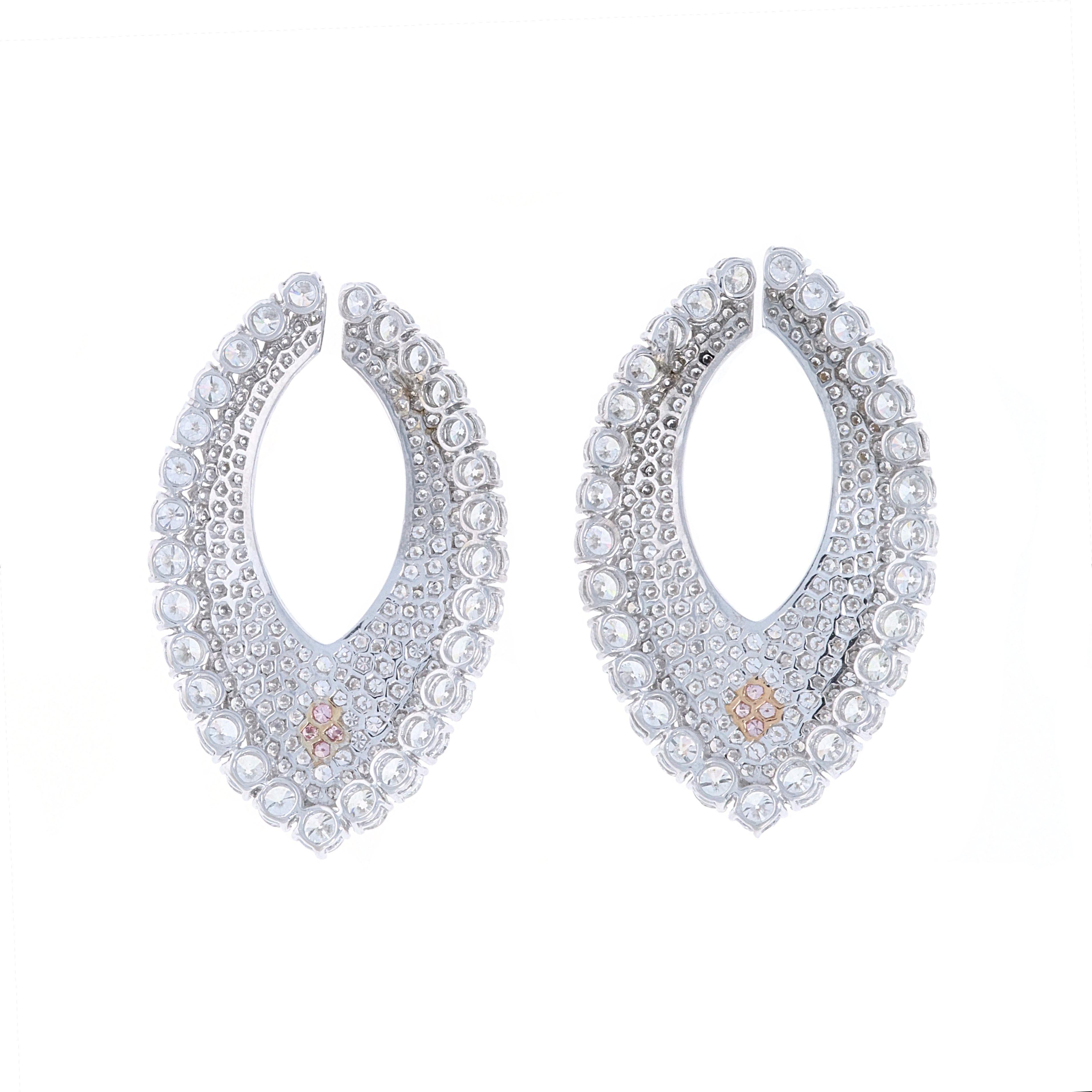 Round Cut 18.66 Carat Total Weight Natural Pink and White Diamond Hoop Earrings