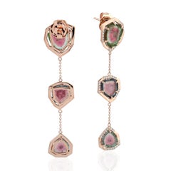 18.66 Carat Tourmaline Diamond 18 Karat Gold Triple Drop Earrings