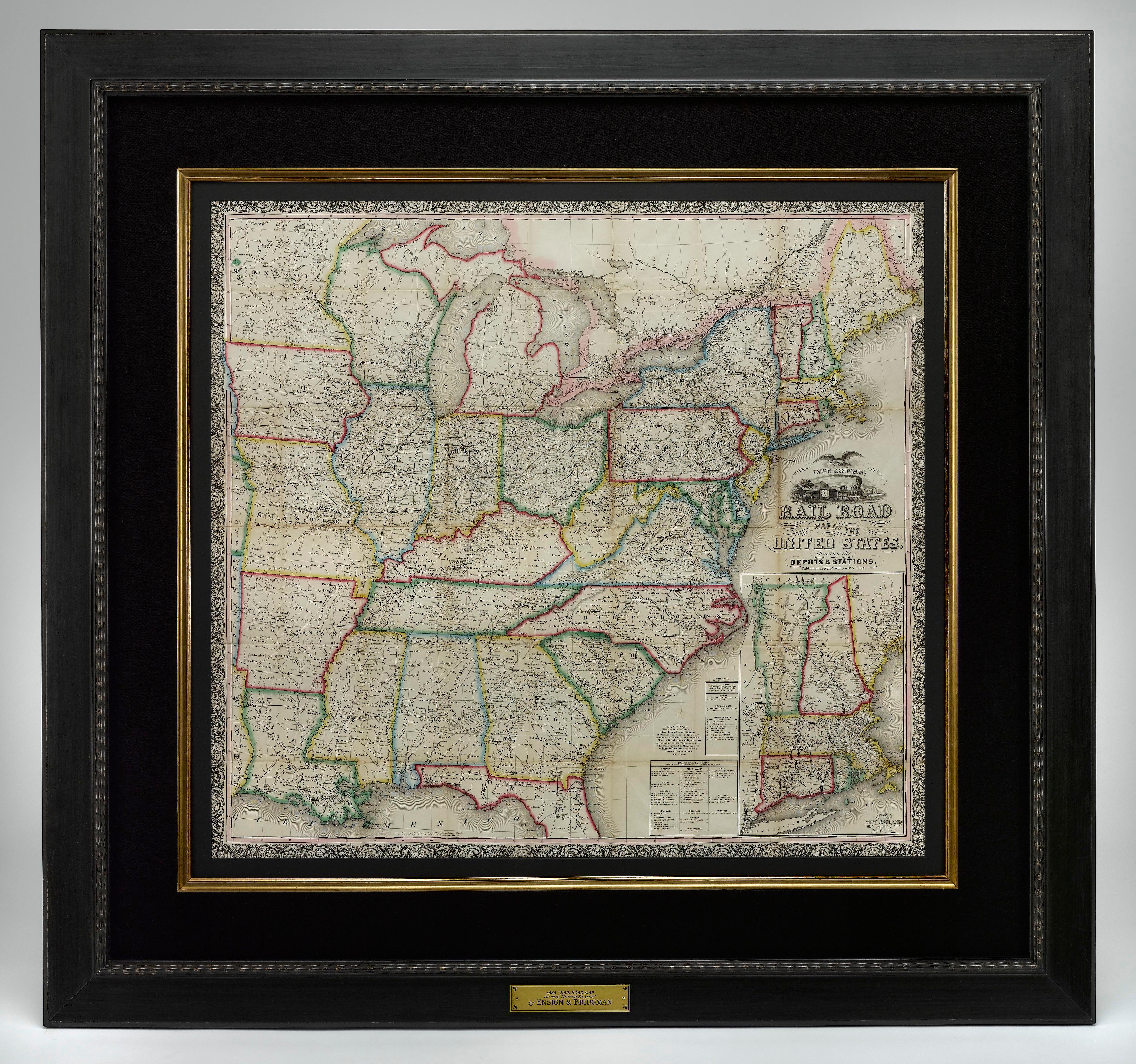 Presented is an 1866 issue of “Ensign & Bridgeman’s Rail Road Map of the United States, showing Depots & Stations.” First published in 1856, this is the third edition, following another issued in 1859. It is an expansive and impressive 19th century