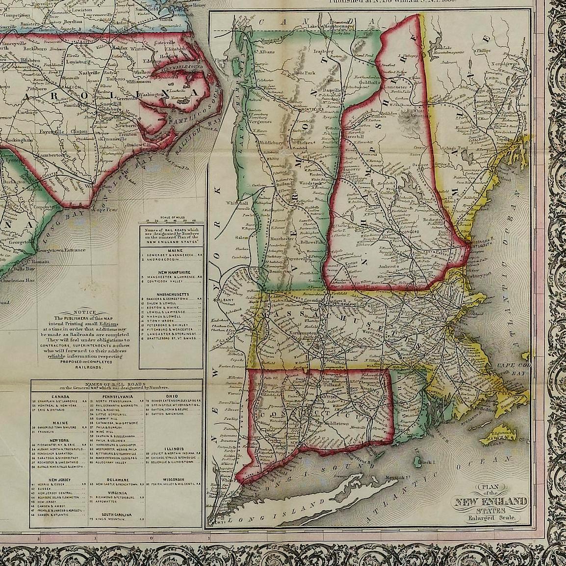 1866 Ensign & Bridgman's Rail Road Map der Vereinigten Staaten (Handbemalt) im Angebot