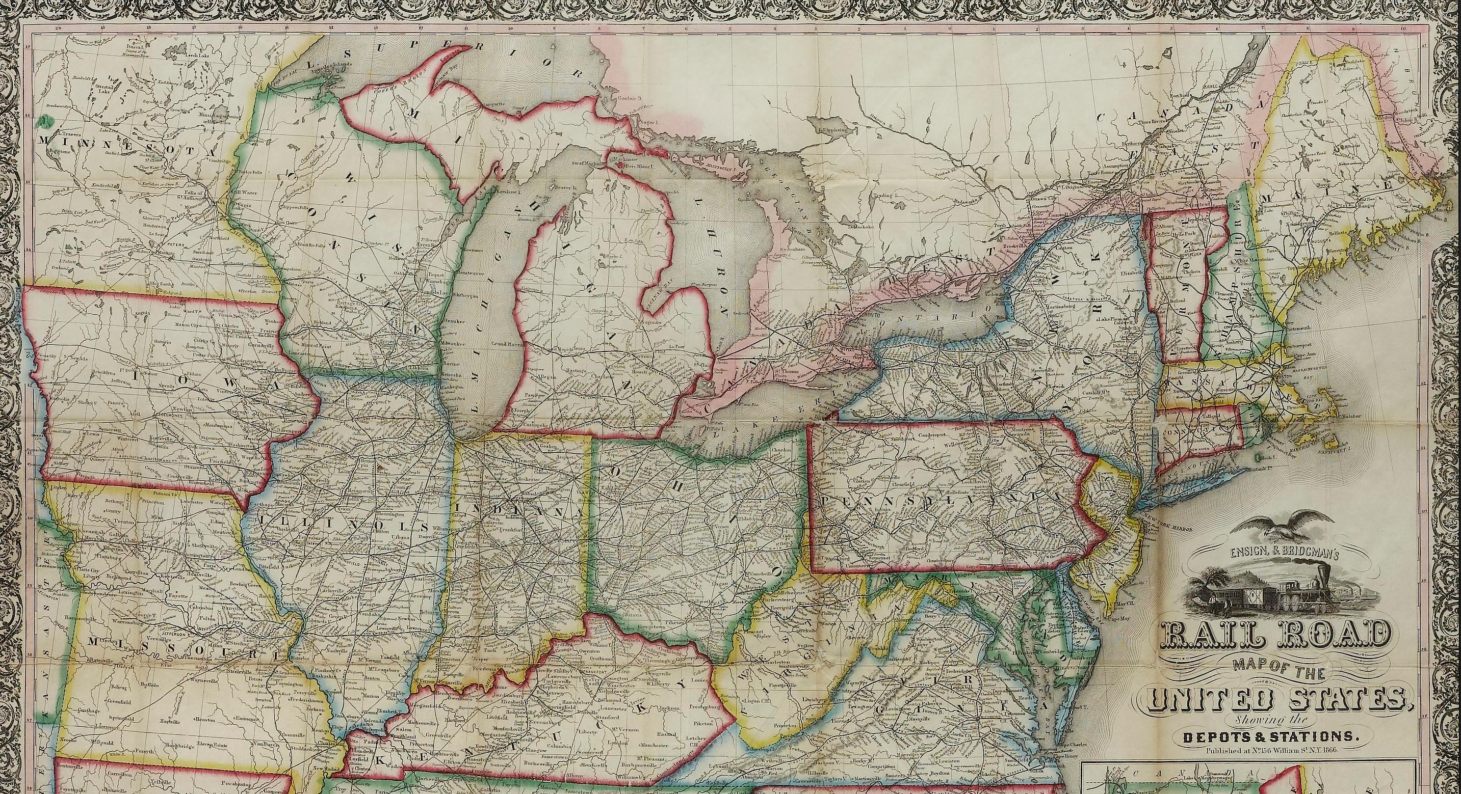 1866 Ensign & Bridgman's Rail Road Map der Vereinigten Staaten im Zustand „Gut“ im Angebot in Colorado Springs, CO