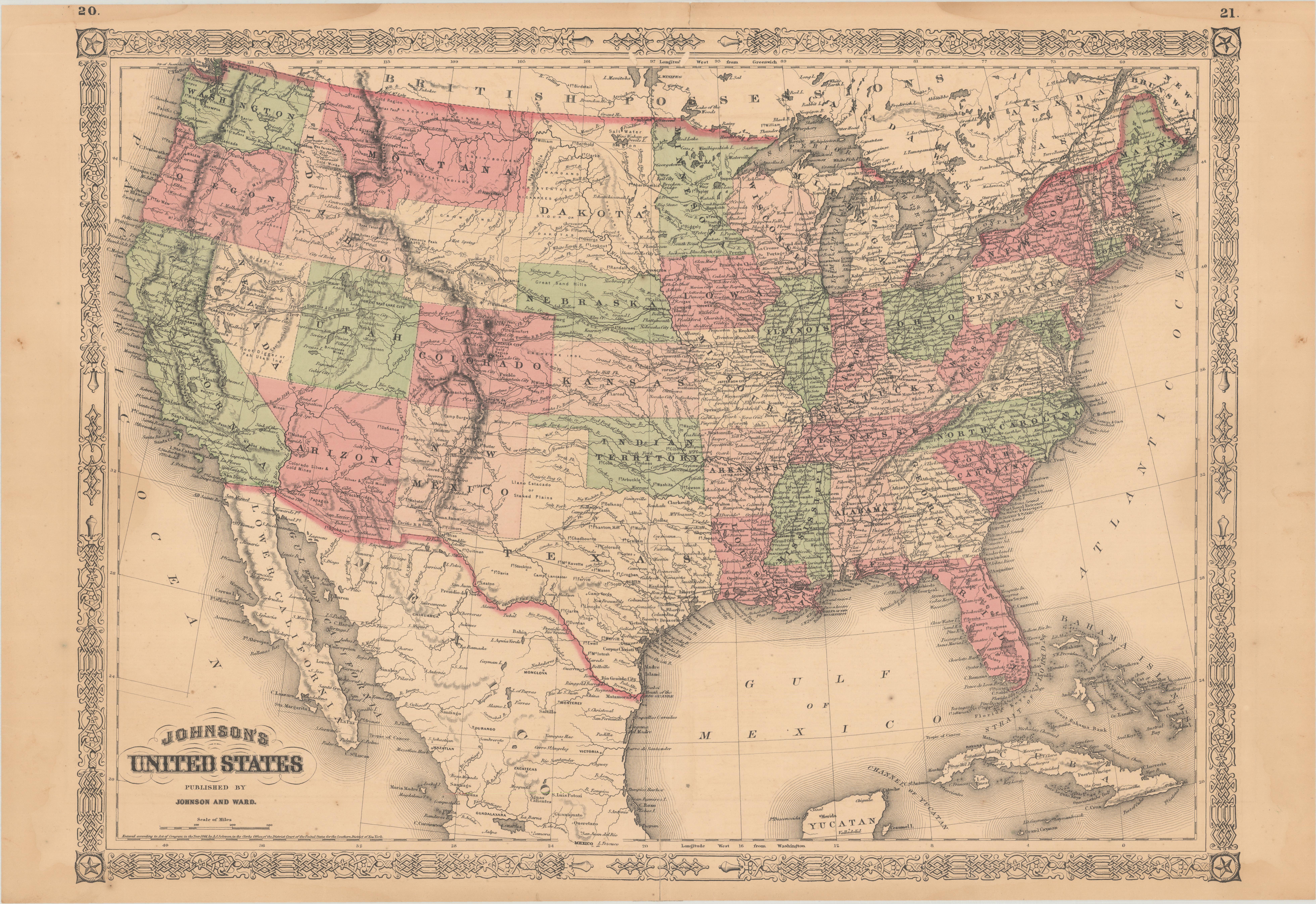 Voici une carte détaillée des États-Unis réalisée par A. J. Johnson. Couvrant l'ensemble du territoire continental des États-Unis, ainsi que les parties adjacentes du Canada et du Mexique, la carte reflète le pays juste après la fin de la guerre de
