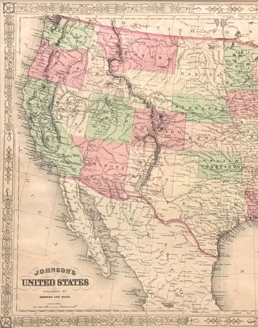 Victorien 1866 Carte des États-Unis de Johnson, publiée par Johnson et Ward en vente