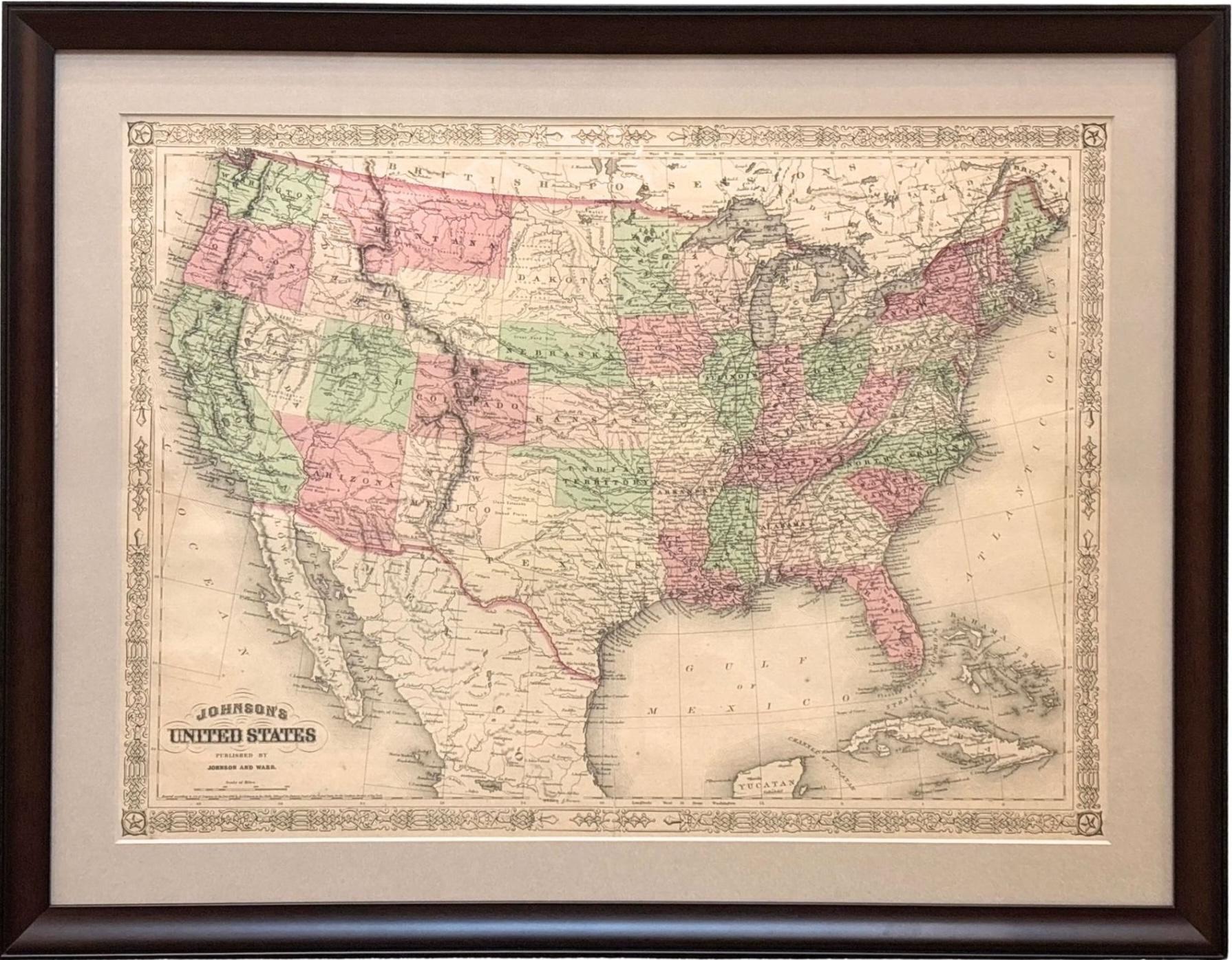 1866 Carte des États-Unis de Johnson, publiée par Johnson et Ward Bon état - En vente à Colorado Springs, CO