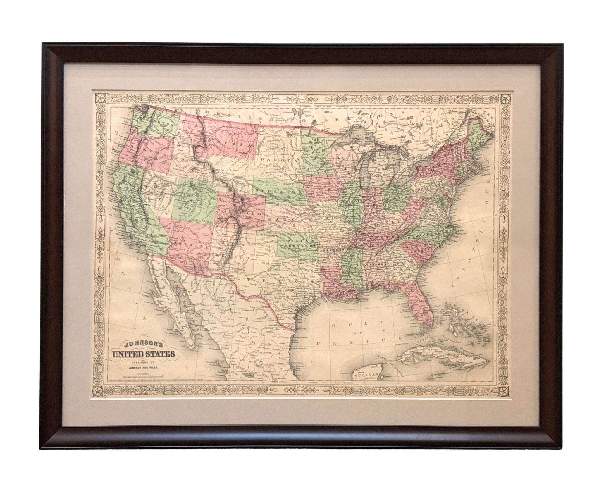 Milieu du XIXe siècle 1866 Carte des États-Unis de Johnson, publiée par Johnson et Ward en vente