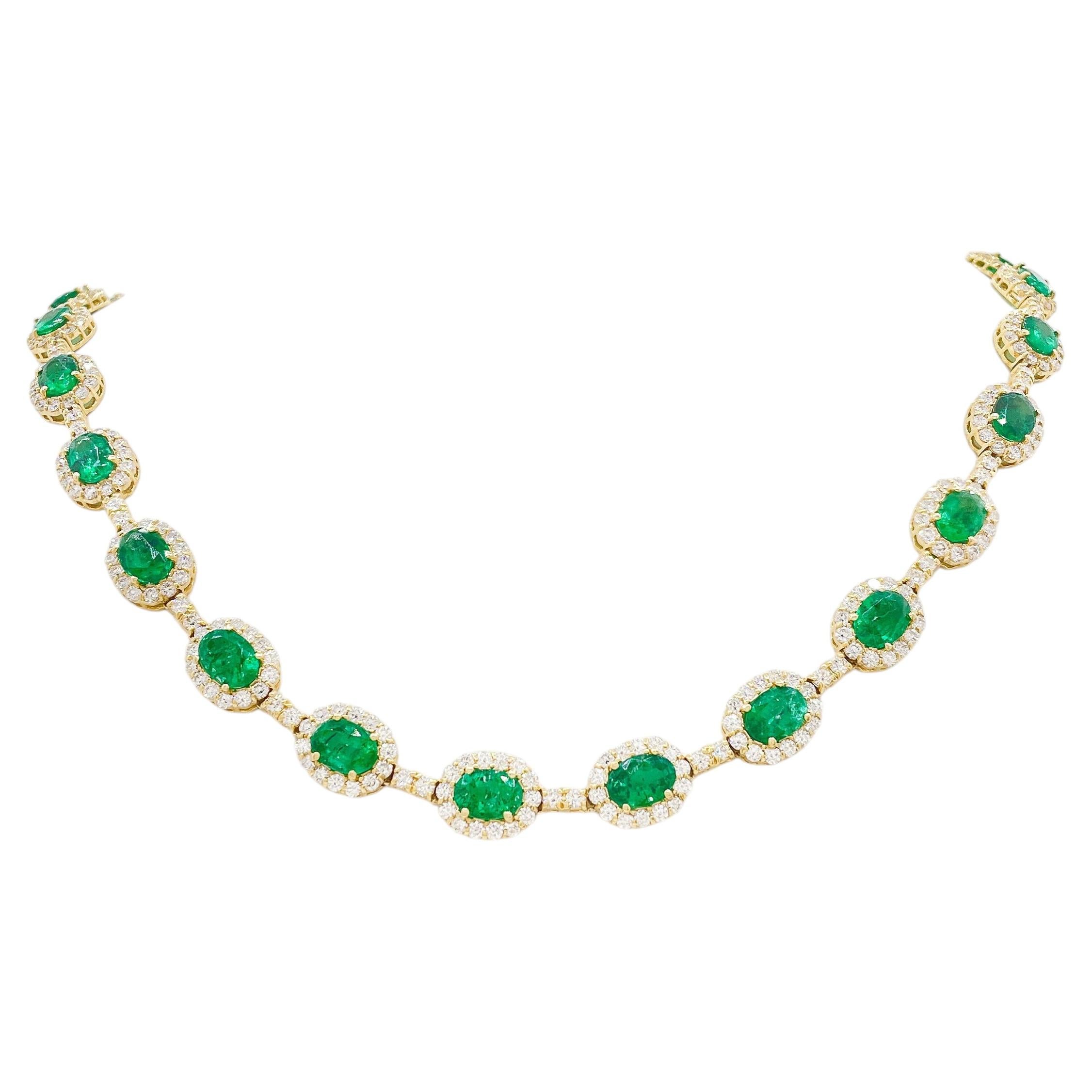 18.67 Carat Emerald and Diamond Link Necklace 14K Yellow Gold, 17''