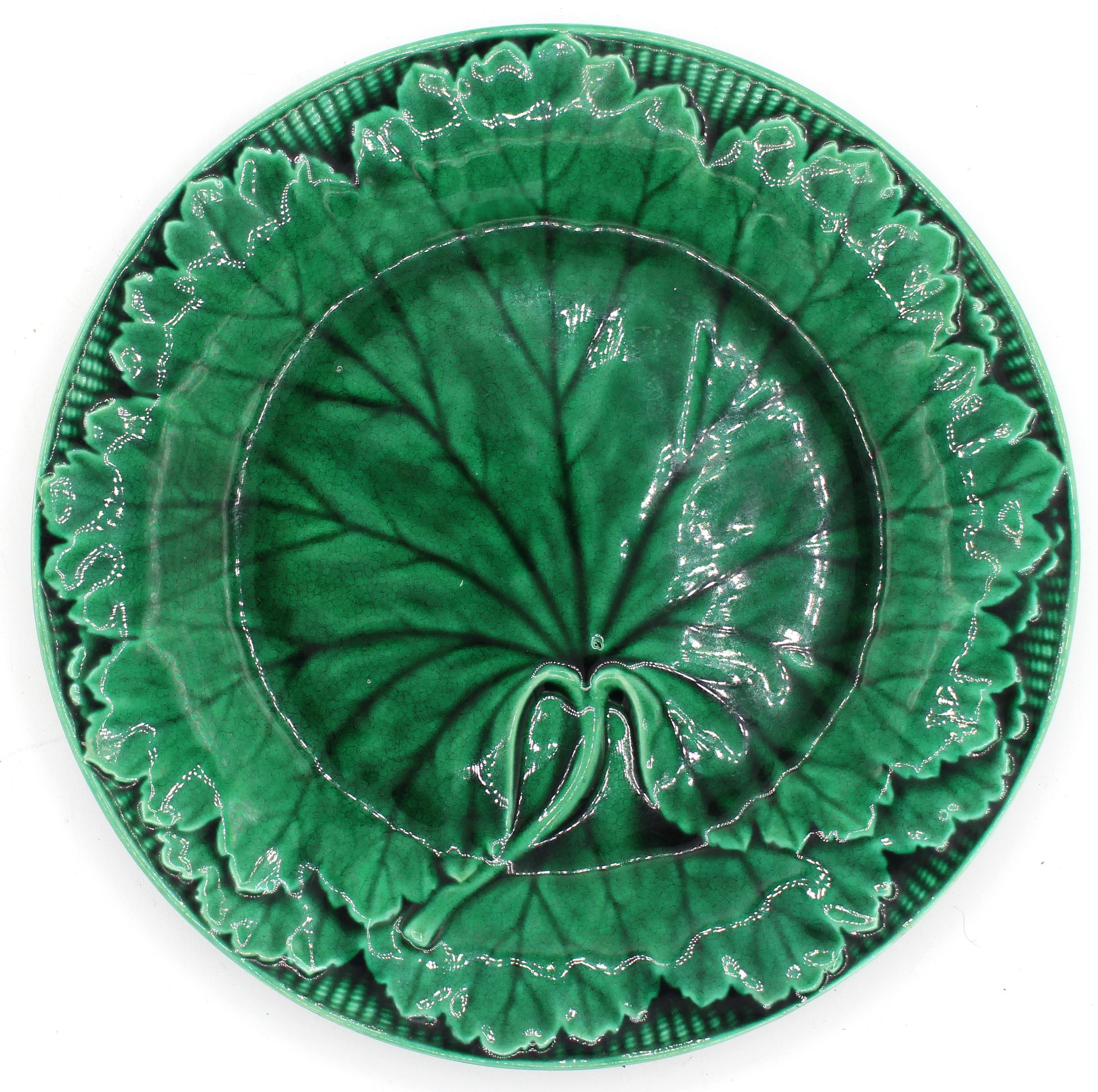 October, 1867 pair of Wedgwood green leaf majolica plates, English. A fine pair, impressed marks: OOV, Wedgwood. Large cabbage leaf decoration over basketweave border. 7.75