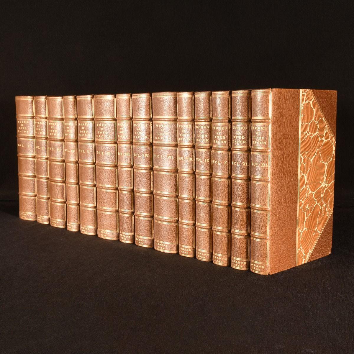 A fine fourteen volume collection of the works of Sir Francis Bacon, uniformly bound in half morocco, and from the library of industrialist and philanthropist Andrew Carnegie.

A beautifully bound collection of the works of the founder of