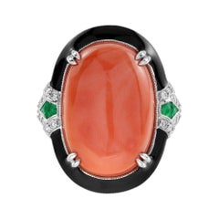 18.68 Ct. Coral Emerald Diamond Art Deco Style Cocktail Ring in 14K White Gold