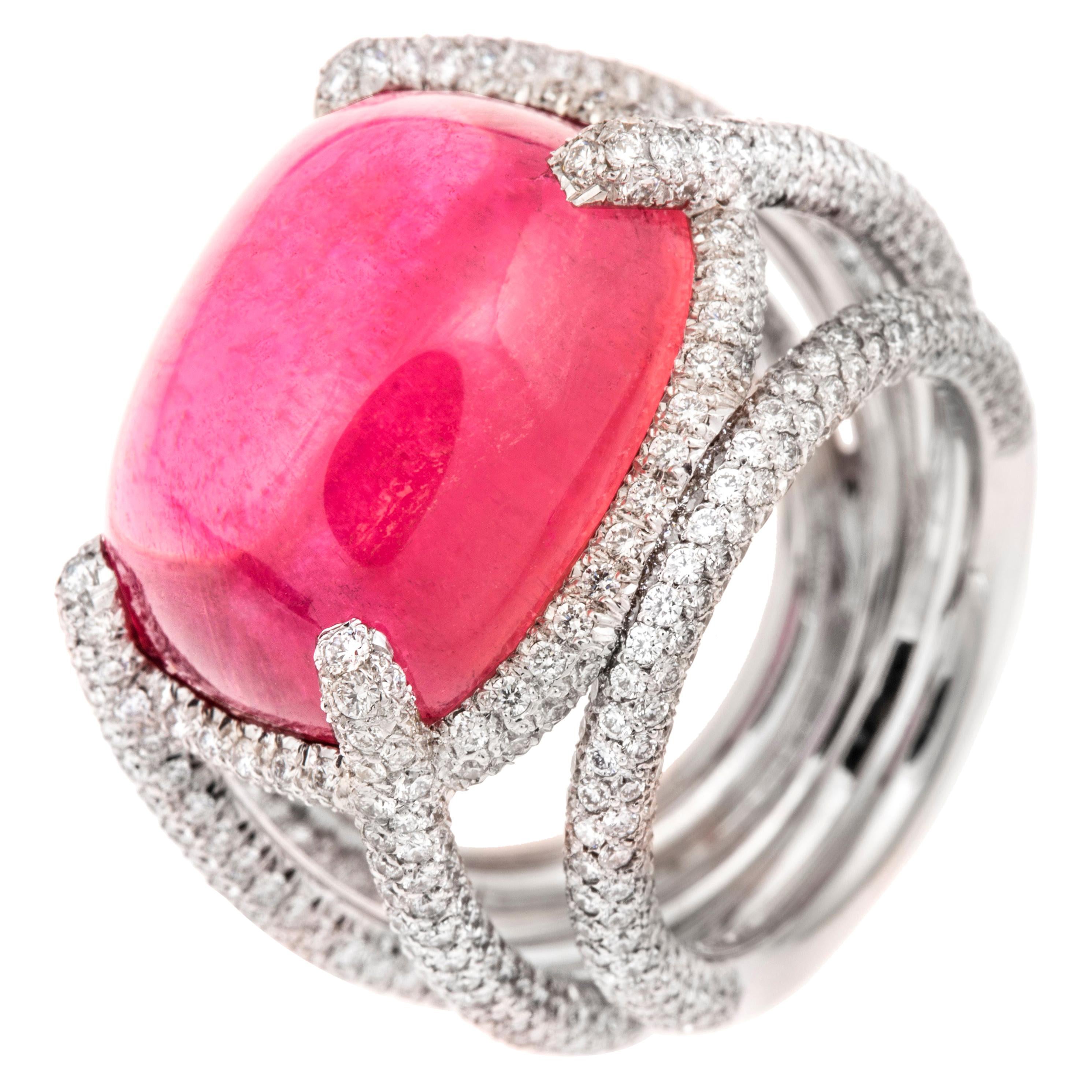 18.68 Ct Sugar Loaf Pink Tourmaline Set with 1.31 Ct Diamond White Gold Ring