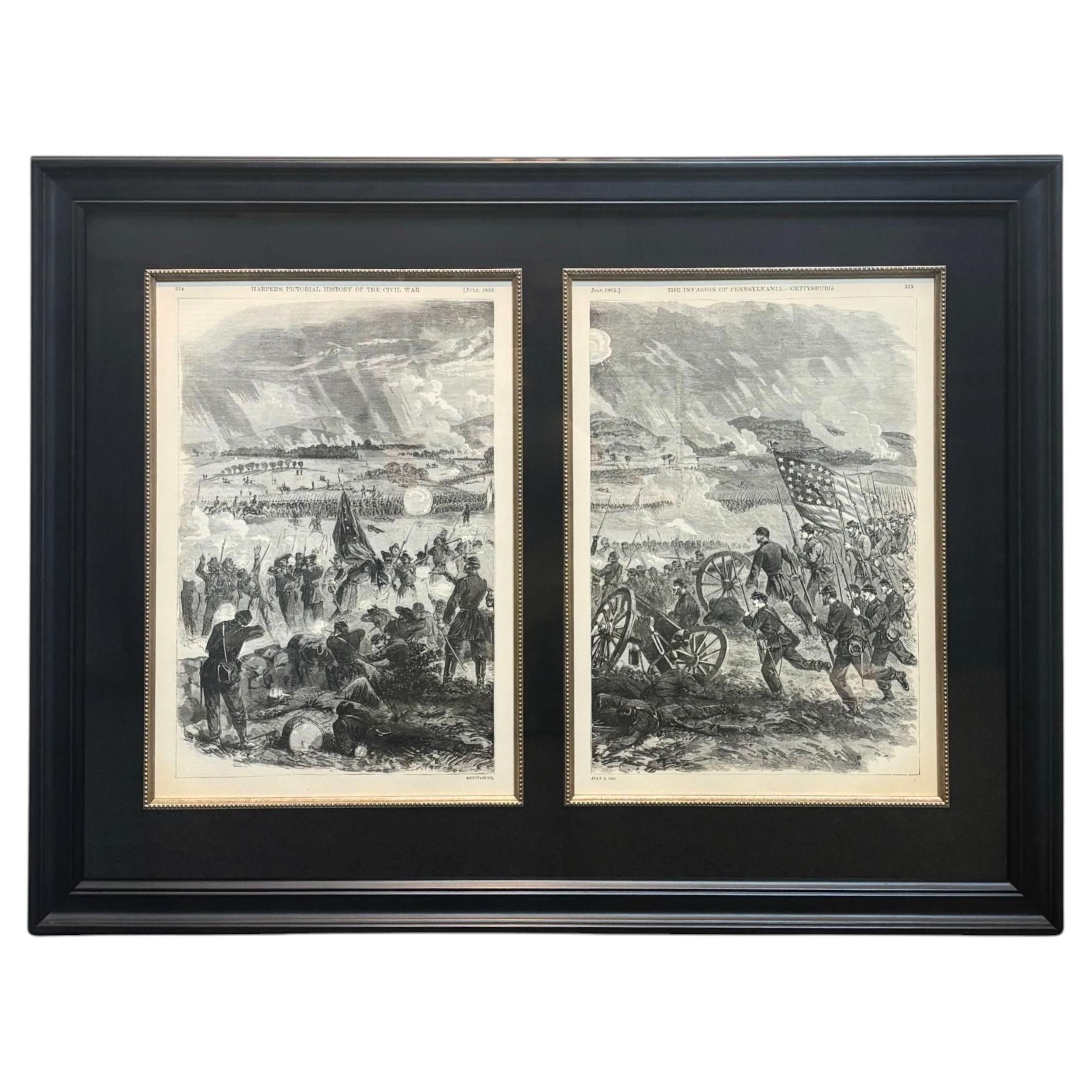 1868 "Gettysburg, July 3, 1863" Wood Engraving, Civil War Diptych
