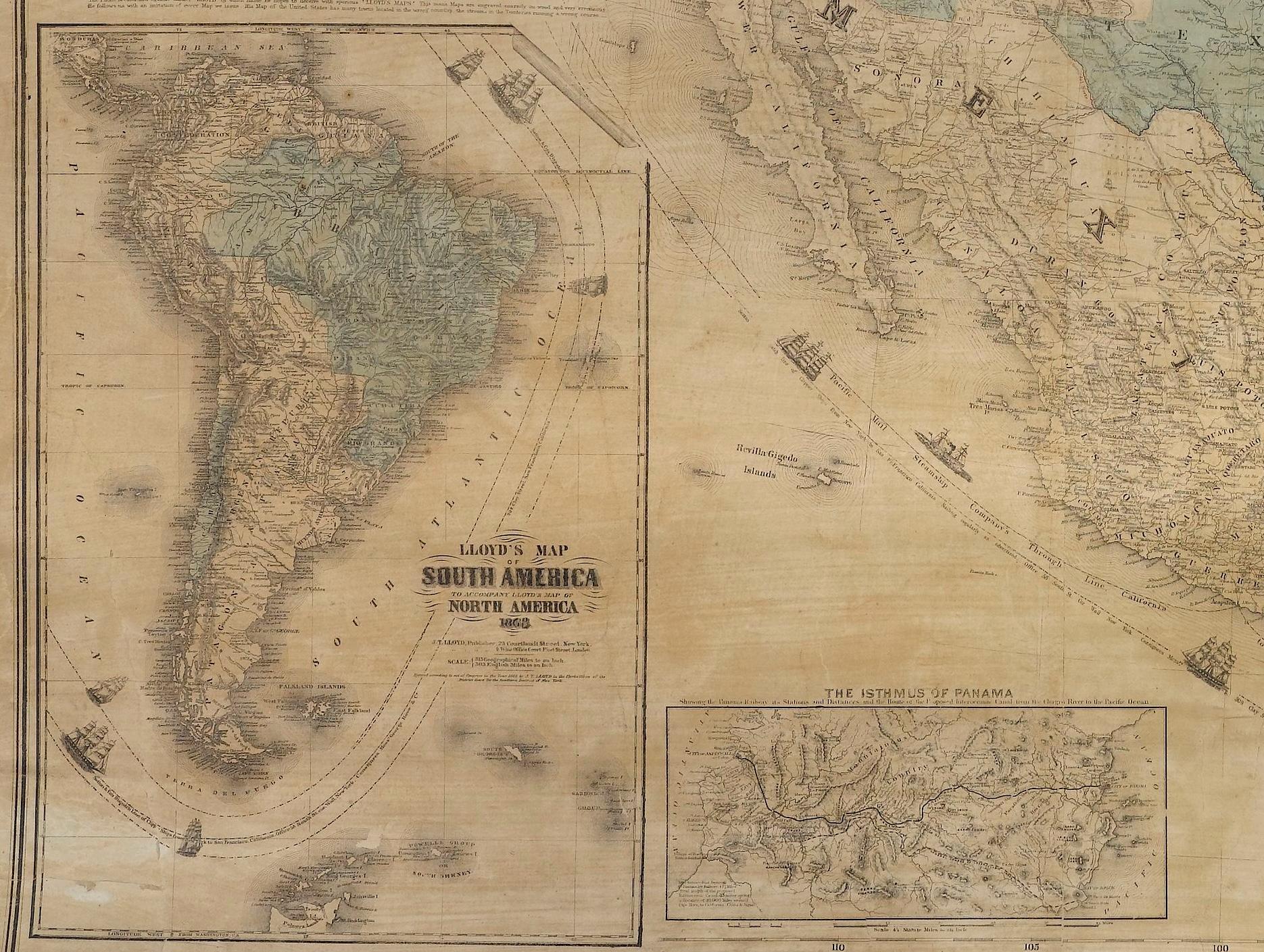 1868 „Lloyd's Topographical Railway Map of North America...“ Wandkarte zum Aufhängen (amerikanisch) im Angebot