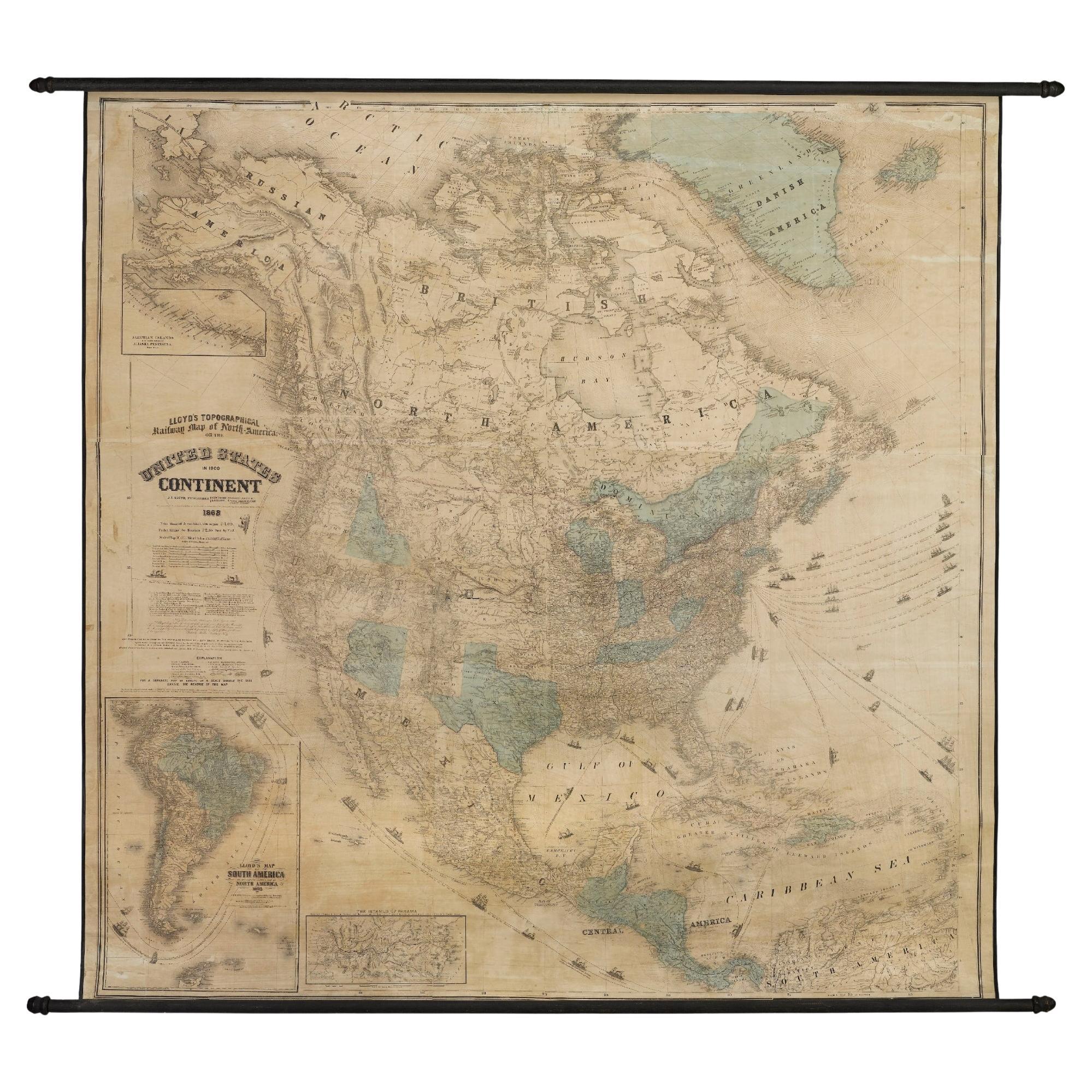 1868 „Lloyd's Topographical Railway Map of North America...“ Wandkarte zum Aufhängen im Angebot