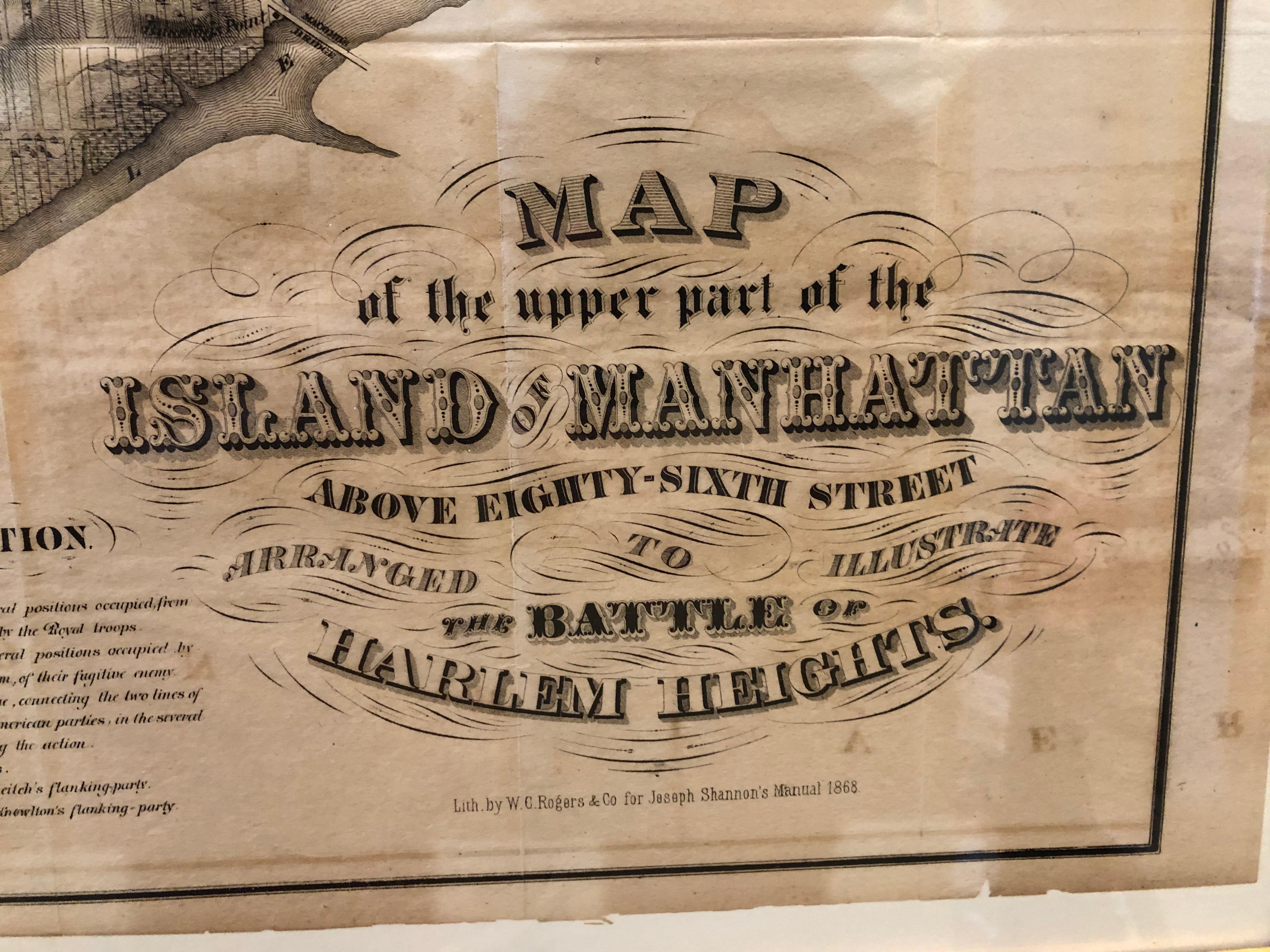 Colonial américain Carte de 1868 de l'île de Manhattan, dans l'Upper Part, au-dessus de la 86e rue en vente