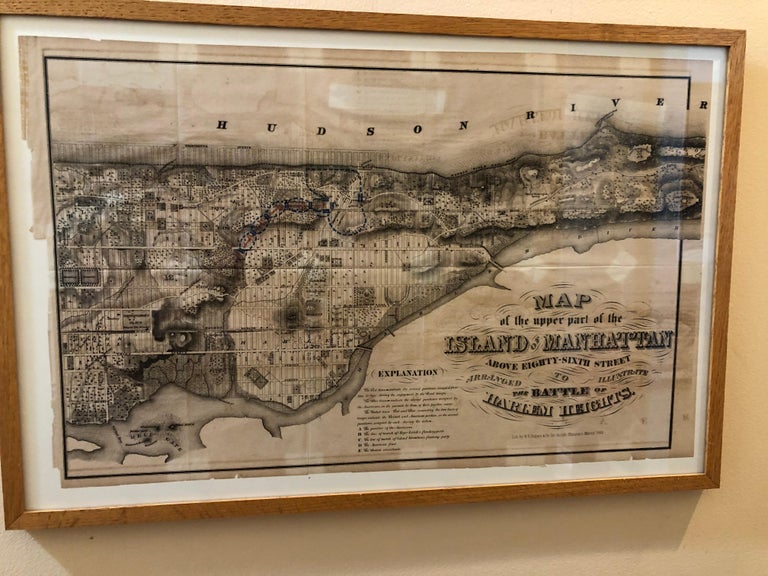 This wonderful piece of New York City history is over 150 years old. It depicts 86th street and above. It was lithographed by WC Rogers and company. It was made to show what was the Battle of Harlem during the Revolutionary war. The blue area