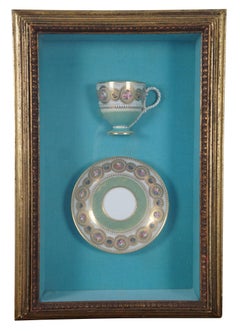 1868 Rare Antique English Victorian Shadowbox Teacup Saucer & Plate Set