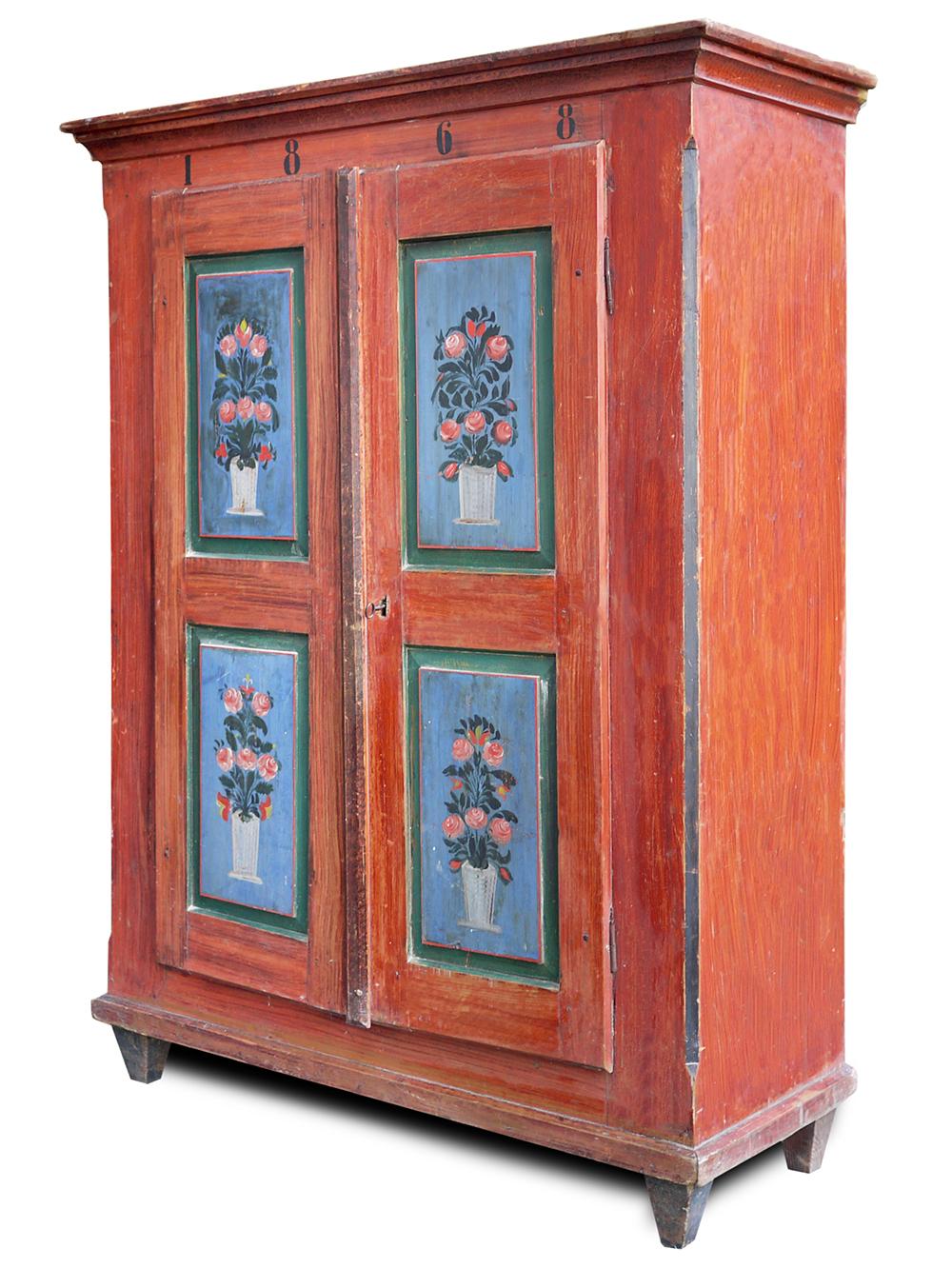 Antique red painted Tyrolean wardrobe

Measures: H 175cm, L. 117cm (127 to the frames), P. 50cm (55 to the frames)

Tyrolean wardrobe entirely painted in dark red with floral decorations.

On the doors there are four panels, which emerge from