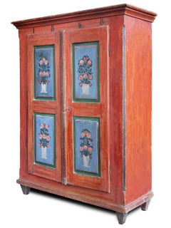 Red and Blue Floral Painted Two Doors Wardrobe - Dated 1868