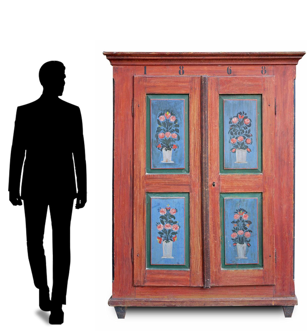 Italian Red and Blue Floral Painted Two Doors Wardrobe - Dated 1868