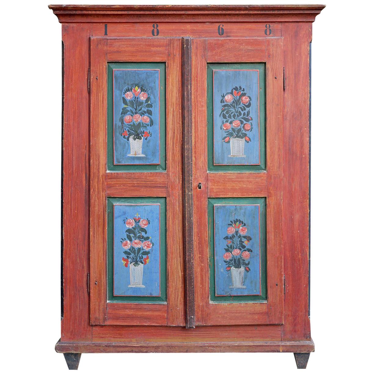 Red and Blue Floral Painted Two Doors Wardrobe - Dated 1868