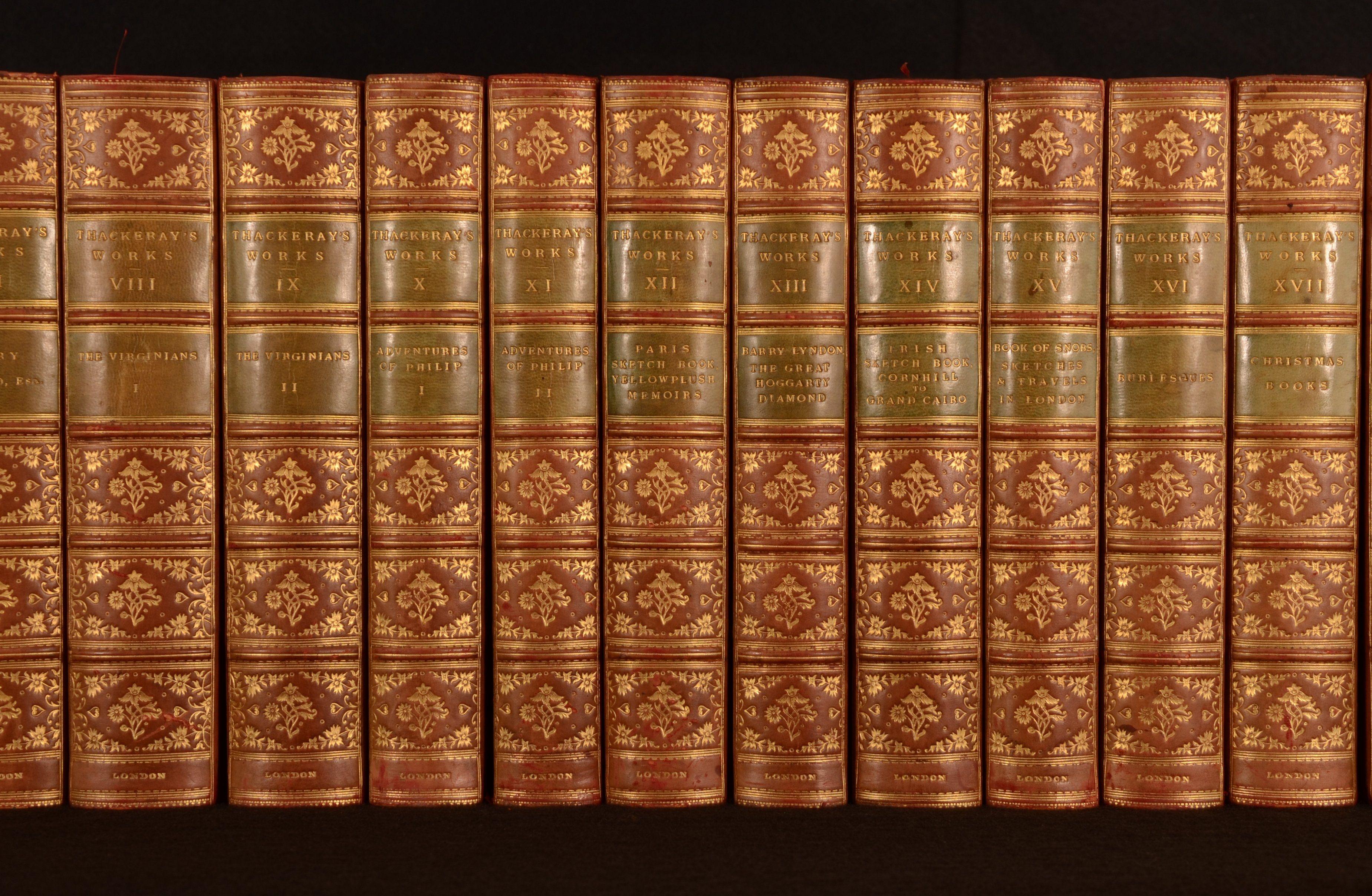 A nicely bound fully illustrated collection of the works of William Makepeace Thackeray.

Complete in twenty-four volumes.

Volume I, 'Vanity Fair Volume I', published in 1869. Illustrated by the author with a frontispiece, a vignette title page,