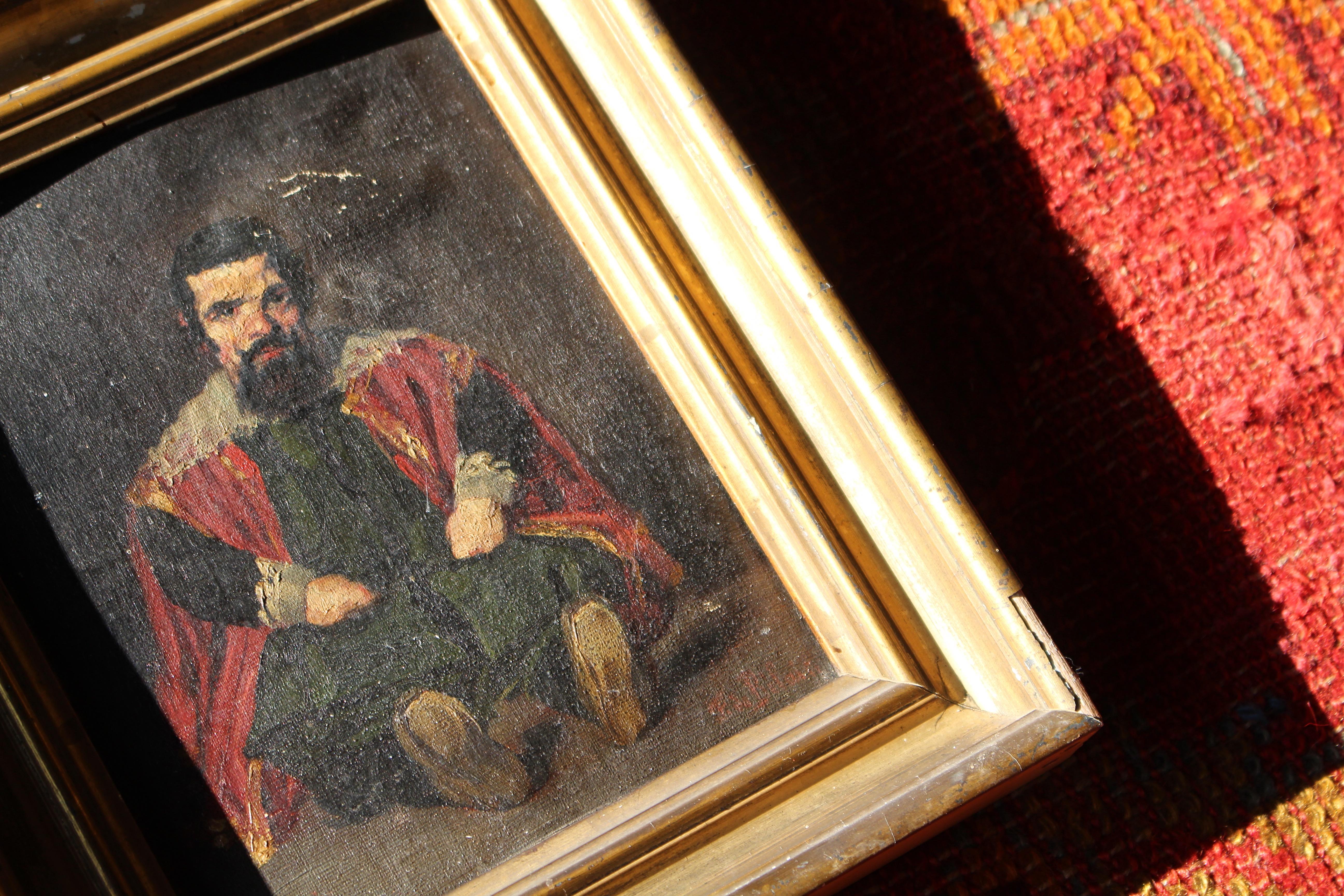 D'après Diego Velazquez (1599/1660) Portrait de Sebastian De Morra, nain et bouffon à la cour de Philips IV d'Espagne

Signé instinctivement et inscrit 1869 au verso.

Encadré dans un cadre doré et gesso d'époque, chocs et abrasions liés à l'âge. Le