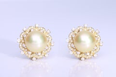 18.69 Carat Round Cab South Sea Pearl with Diamond Accents 18KY Gold Earring