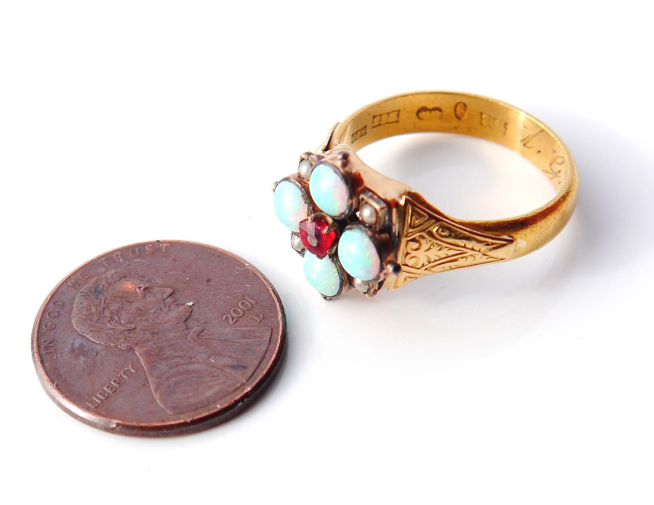 1869 Nordic Ring Renaissance solid 23/18K Gold Opal Pearl Garnet ØUS7 / 5.2gr For Sale 8