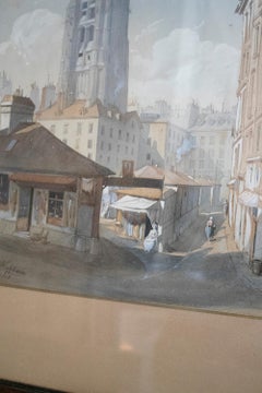 1869 Signed Watercolour French City Landscape w/ Gothic Style Medieval Tower