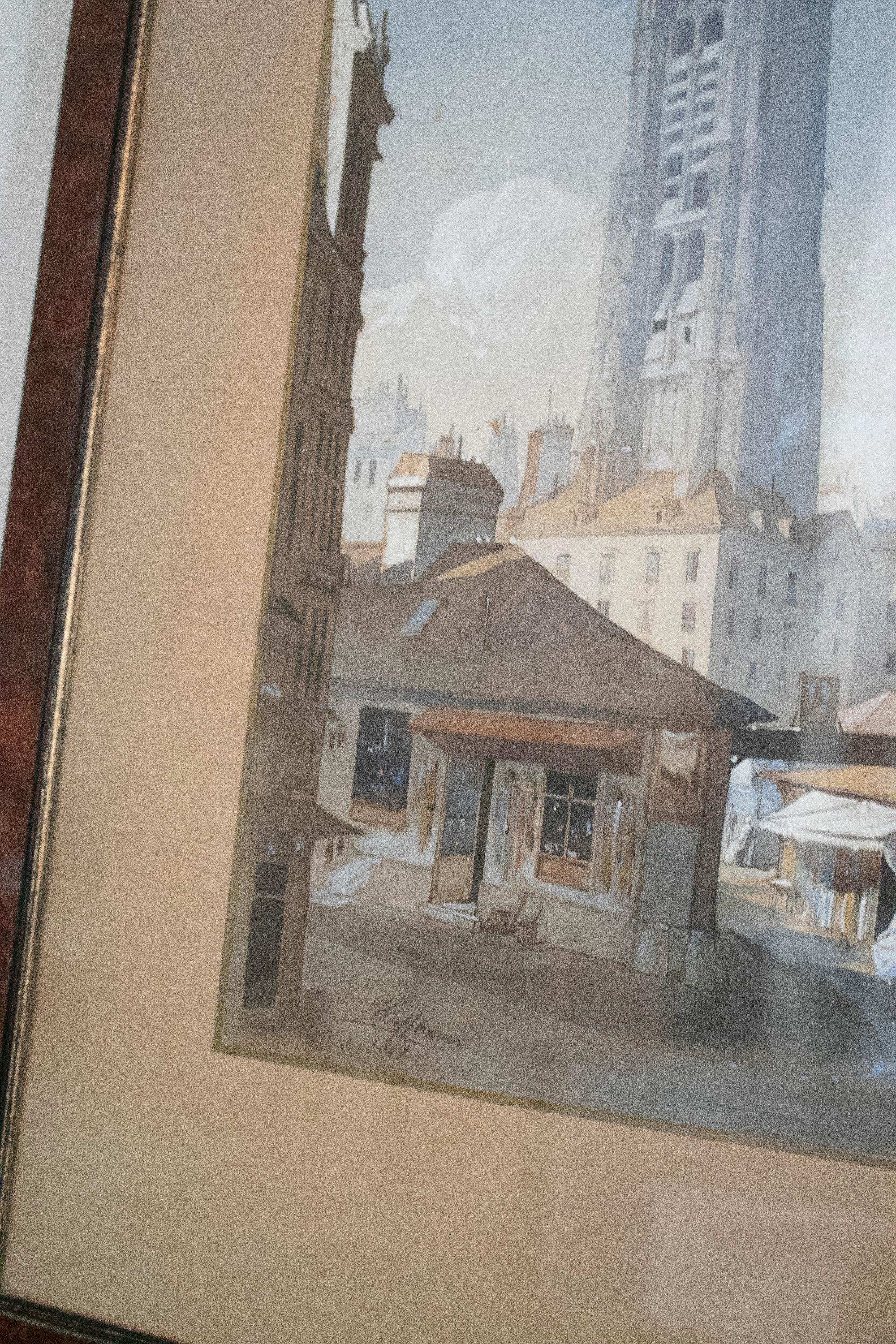 Hand-Painted 1869 Signed Watercolour French City Landscape w/ Gothic Style Medieval Tower For Sale