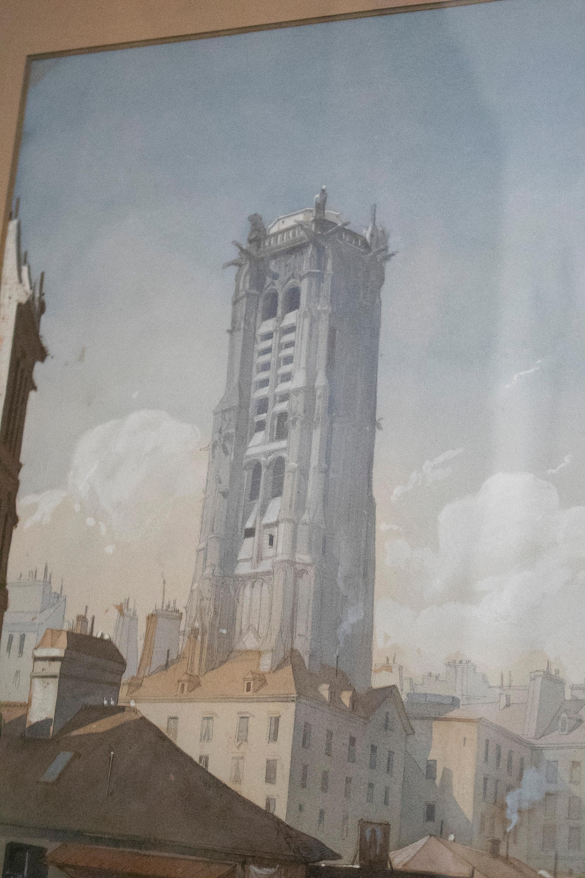 19th Century 1869 Signed Watercolour French City Landscape w/ Gothic Style Medieval Tower For Sale
