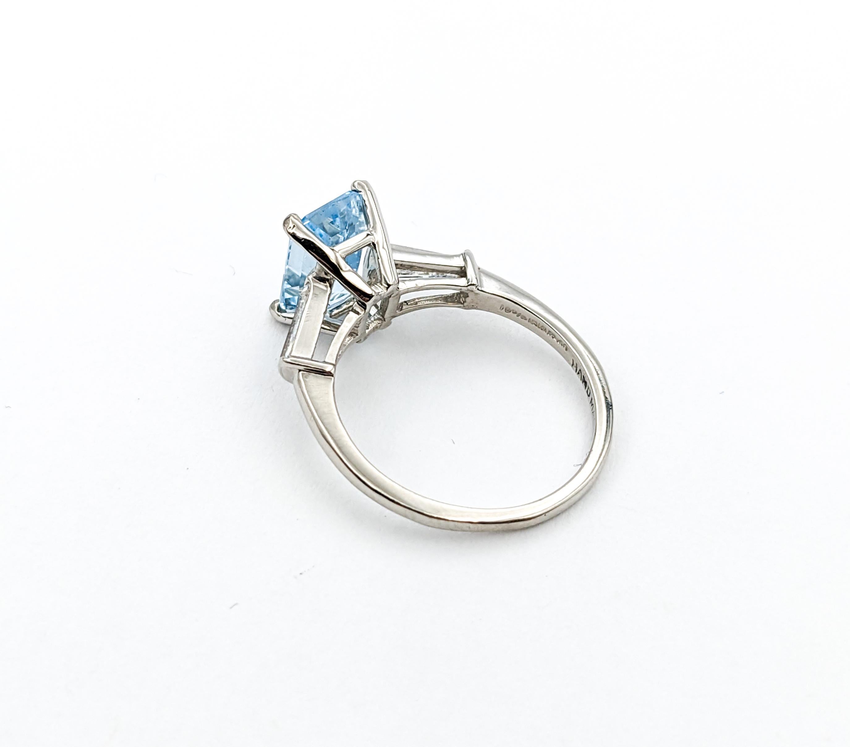 1.86ct Emerald Cut Aquamarine & Diamond Ring In Platinum For Sale 2