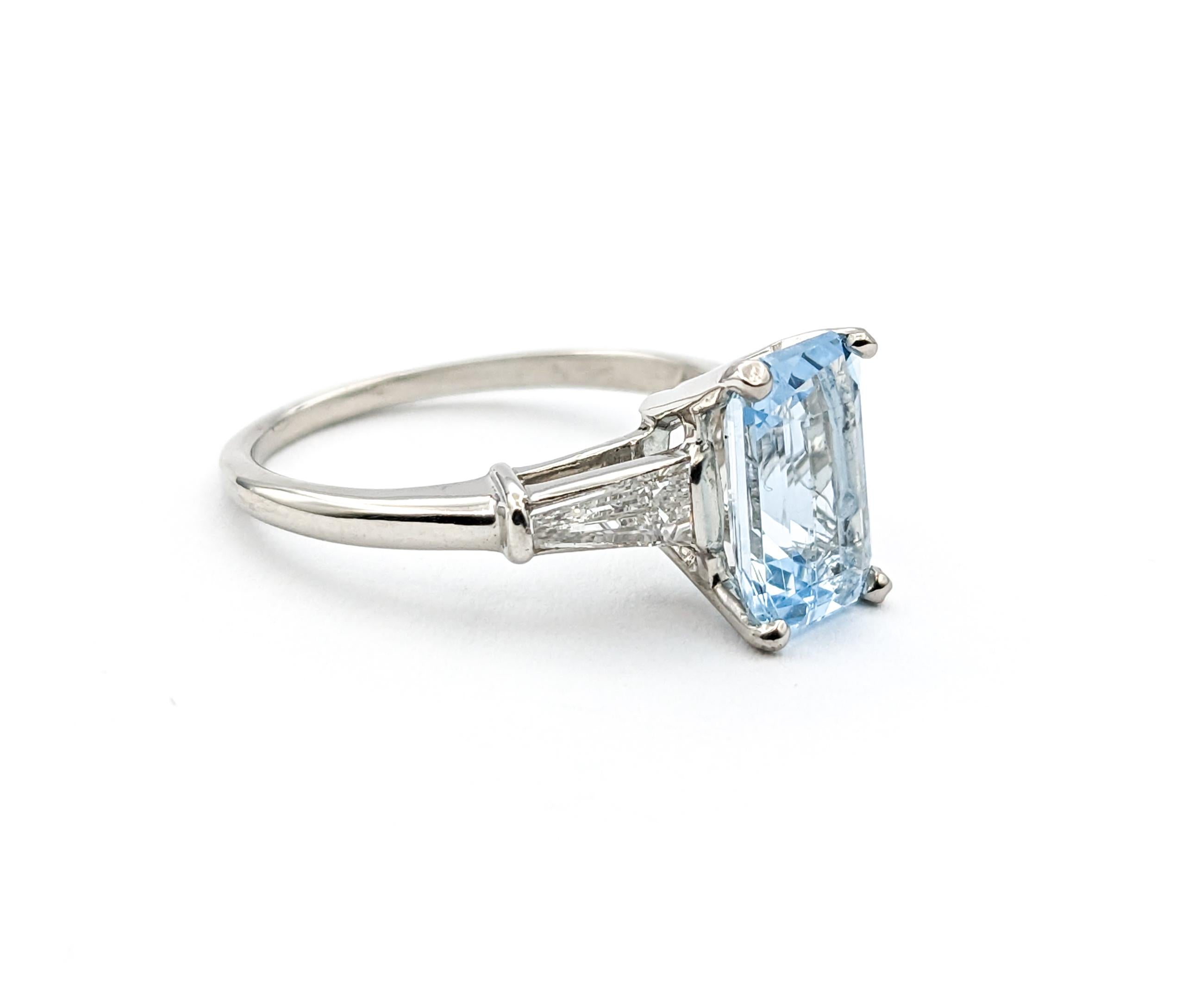 1.86ct Emerald Cut Aquamarine & Diamond Ring In Platinum For Sale 3