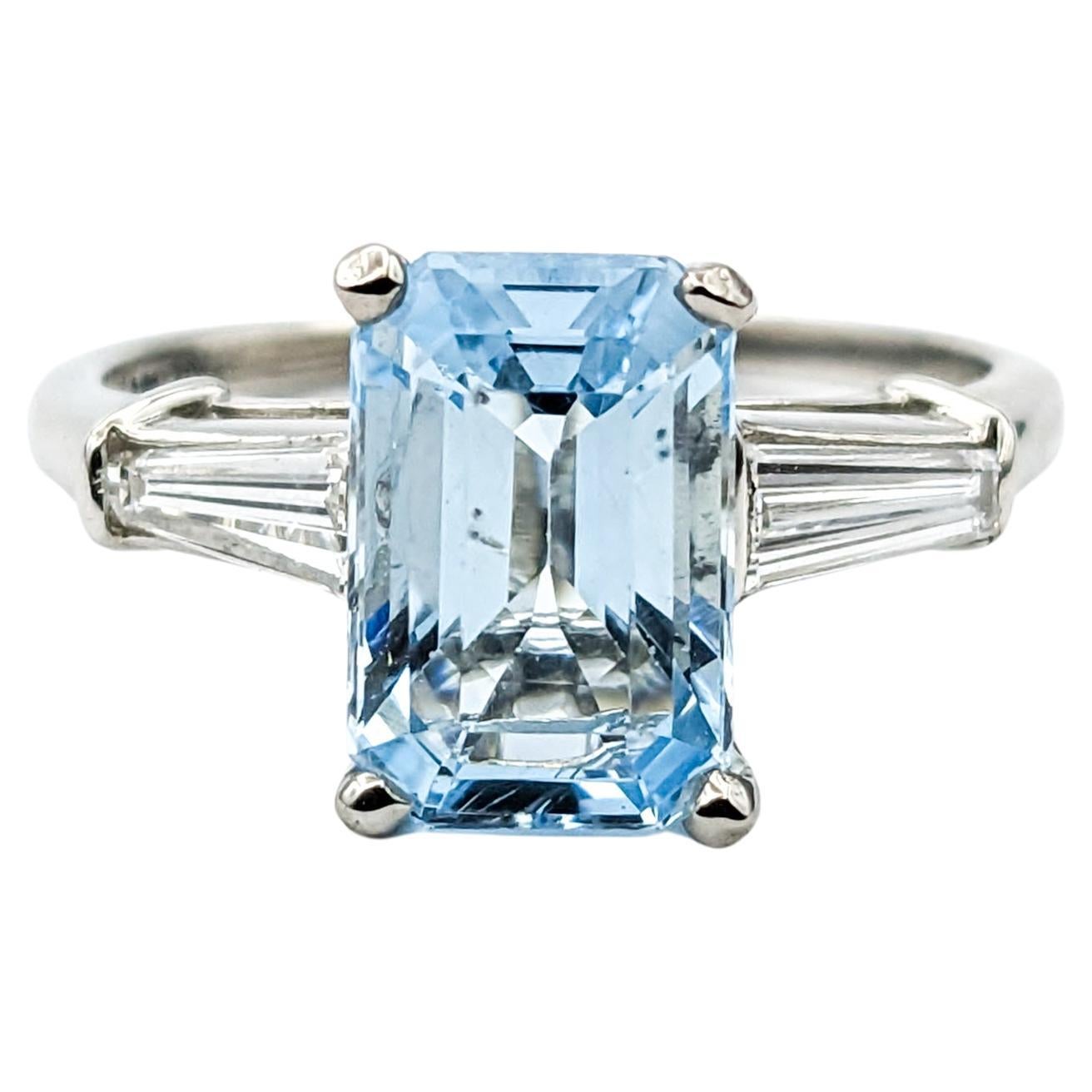 1.86ct Emerald Cut Aquamarine & Diamond Ring In Platinum For Sale