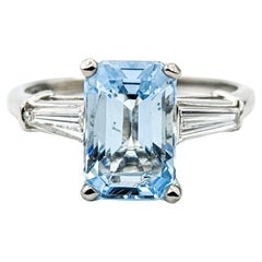 Retro 1.86ct Emerald Cut Aquamarine & Diamond Ring In Platinum