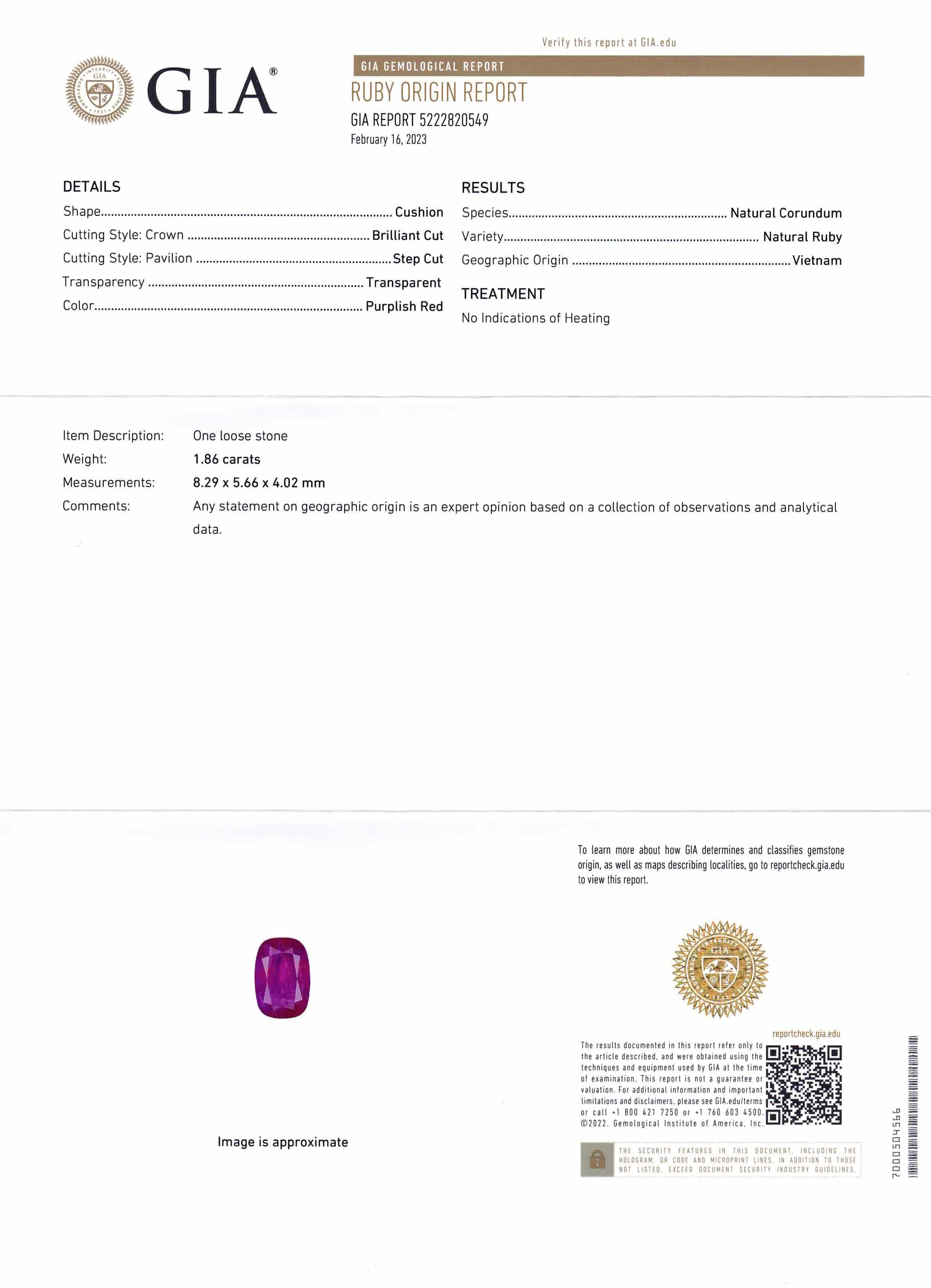 da uomo o donna 1.86ct Cushion Purplish Red Ruby GIA Certified Vietnam Unheated in vendita