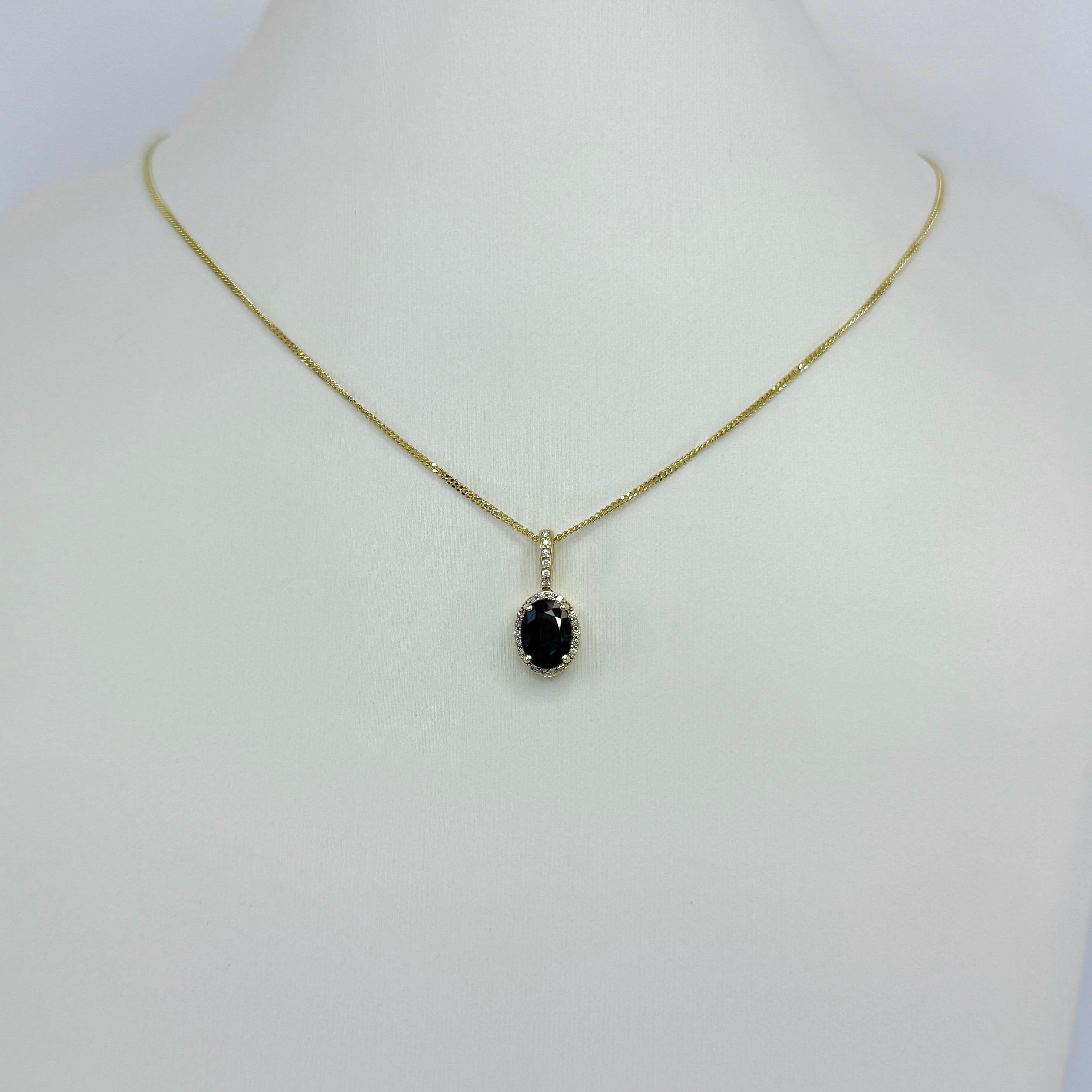Oval Cut 1.86ct Deep Teal Blue Sapphire & Diamond 14k Yellow Gold Halo Pendant Necklace For Sale