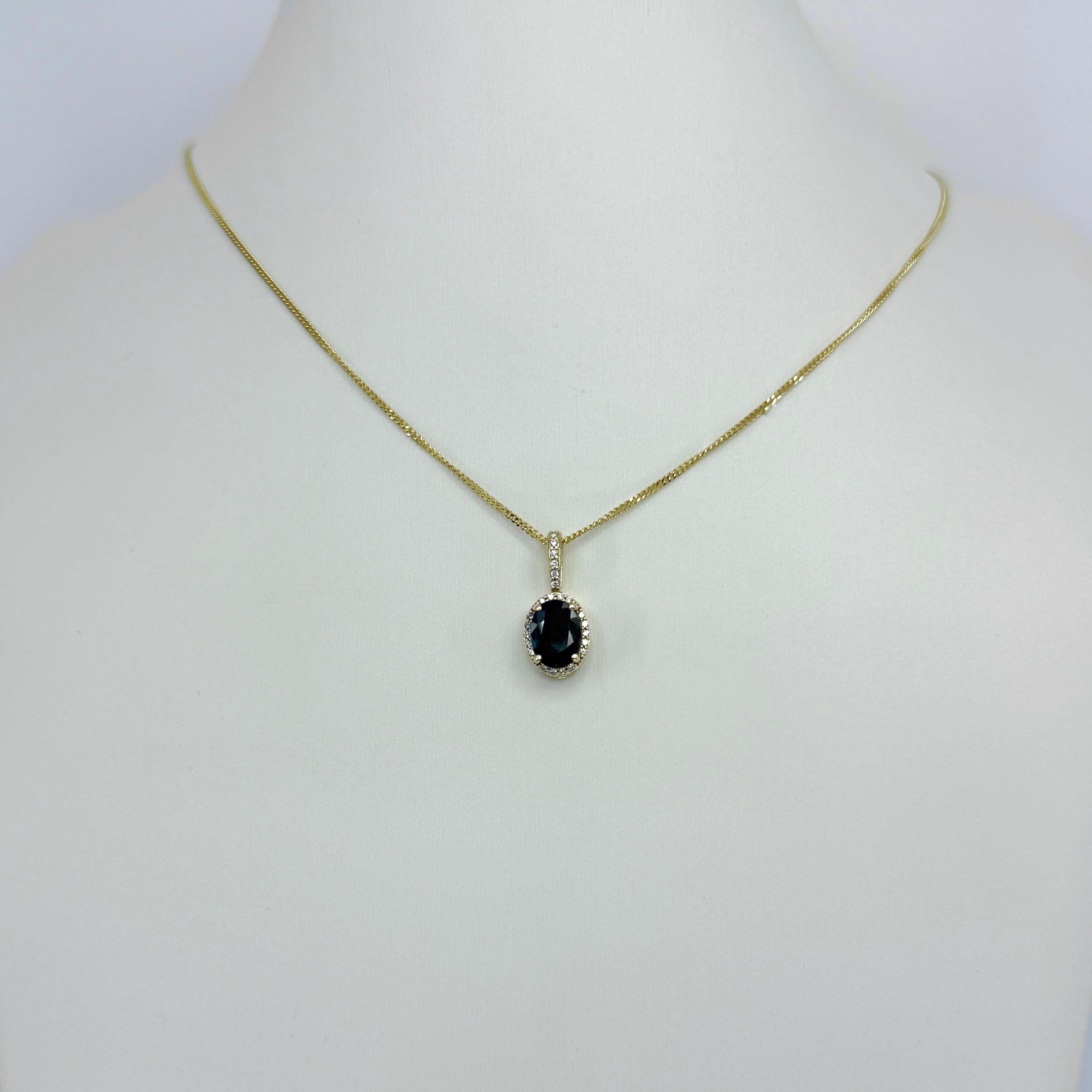 Women's or Men's 1.86ct Deep Teal Blue Sapphire & Diamond 14k Yellow Gold Halo Pendant Necklace For Sale