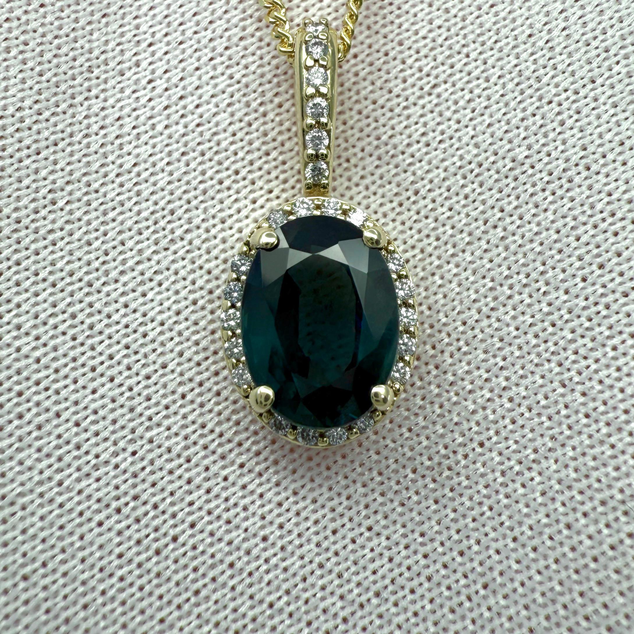 1.86ct Deep Teal Blue Sapphire & Diamond 14k Yellow Gold Halo Pendant Necklace For Sale 1
