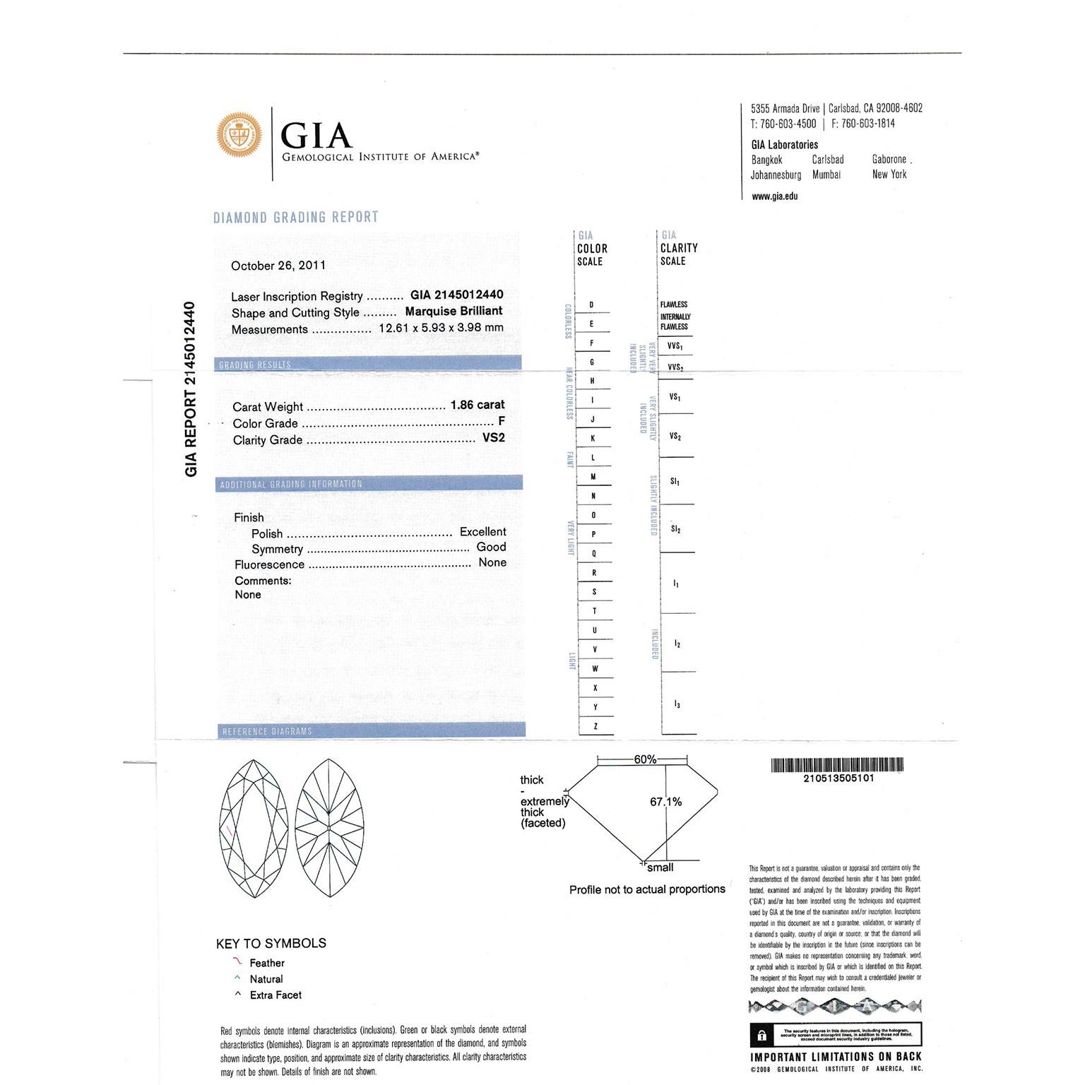 1,86ct F VS2 Anillo de Diamantes Marquesa GIA en venta 3