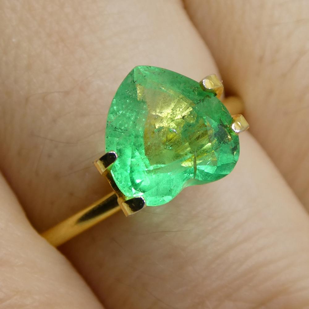 Description:

Gem Type: Emerald
Number of Stones: 1
Weight: 1.86 cts
Measurements: 8.61 x 8.44 x 4.45 mm
Shape: Heart
Cutting Style Crown: Brilliant Cut
Cutting Style Pavilion: Step Cut
Transparency: Transparent
Clarity: Moderately Included: