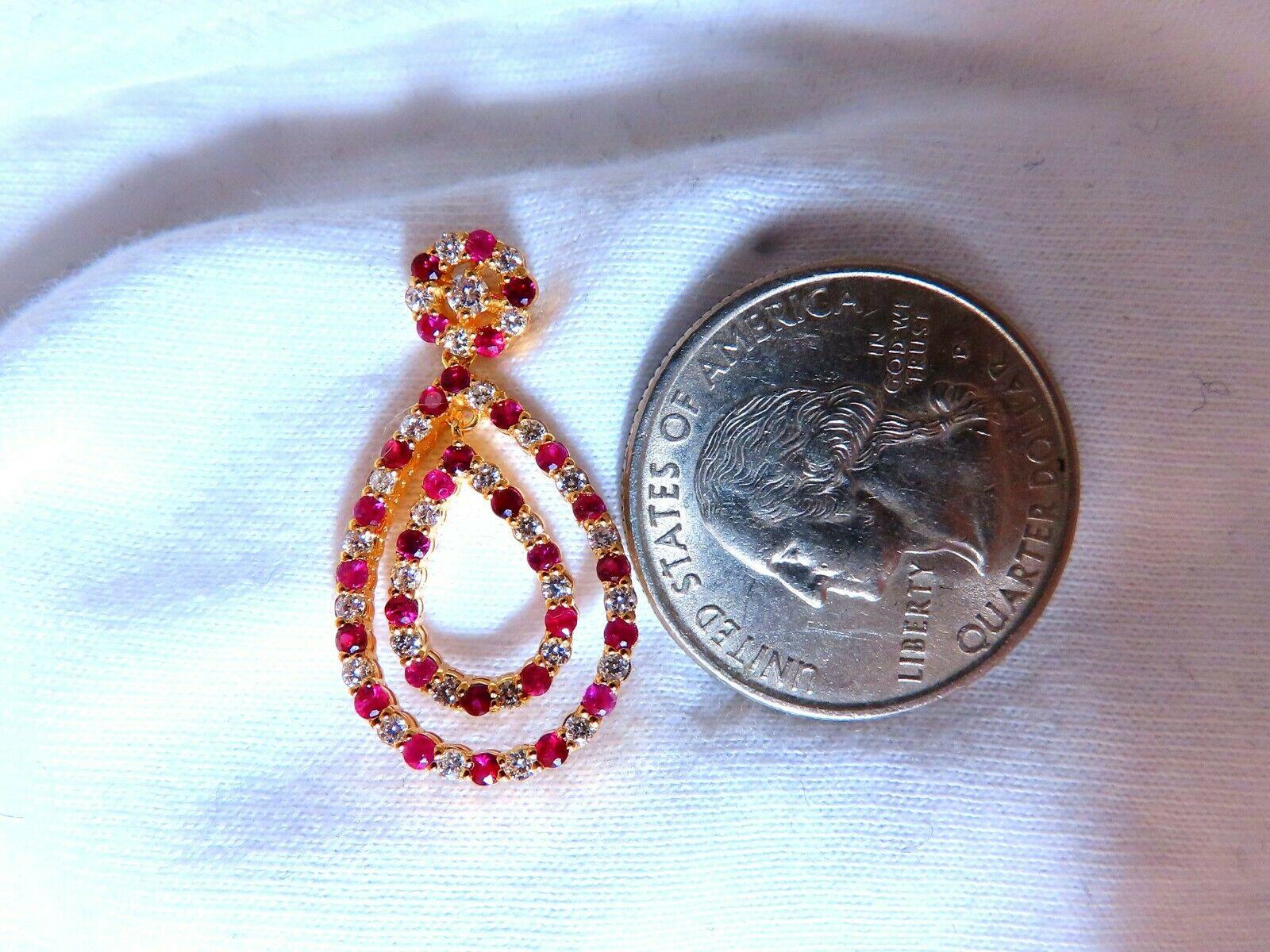 Round Cut 1.86ct Natural Ruby Diamonds Dangle Earrings 14kt Yellow Gold Cluster Pear For Sale