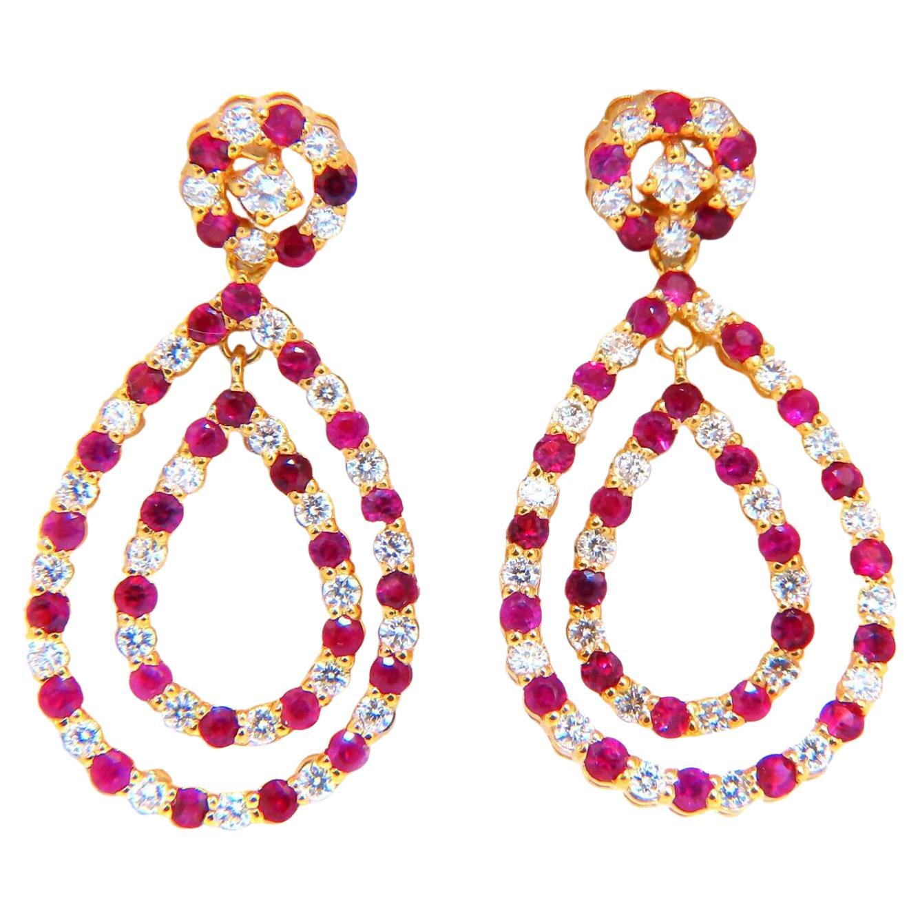 1.86ct Natural Ruby Diamonds Dangle Earrings 14kt Yellow Gold Cluster Pear For Sale