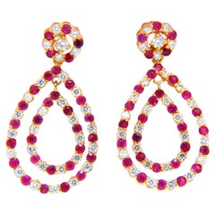 1.86ct Natural Ruby Diamonds Dangle Earrings 14kt Yellow Gold Cluster Pear