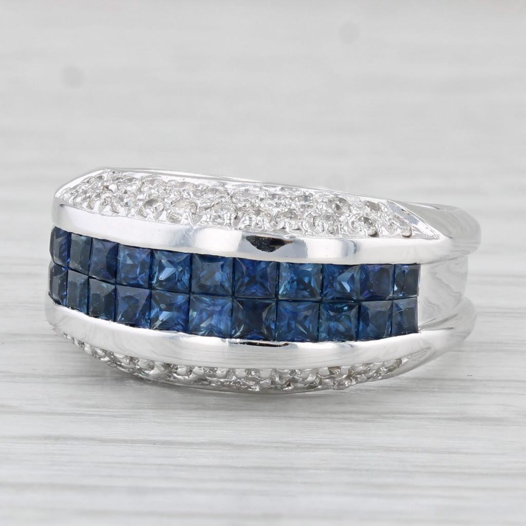 da uomo o donna Anello con diamante bianco e zaffiro blu da 1,86 ctw in oro bianco 14k misura 6,75-7 in vendita