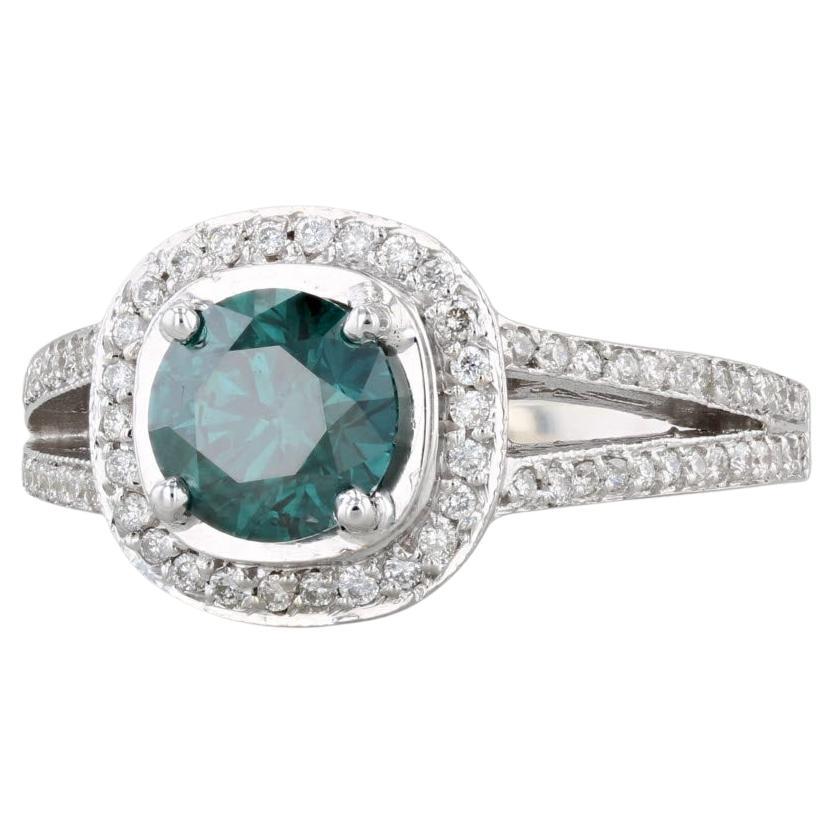 1.86ctw Round Teal Diamond Halo Engagement Ring 18k White Gold Size 7.75 IGI