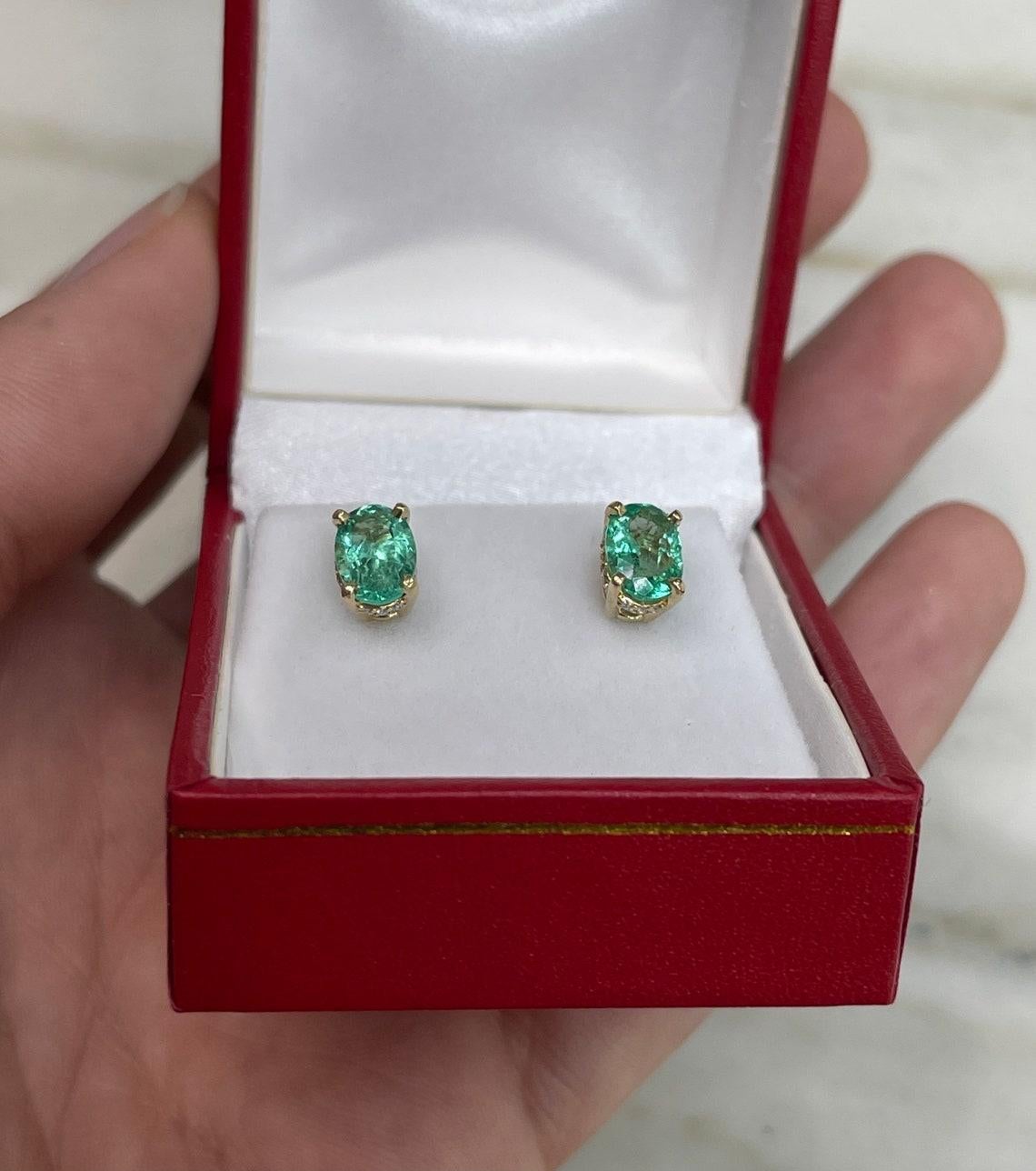 Oval Cut 1.86tcw 14K Natural Emerald & Diamond Accent Earrings For Sale