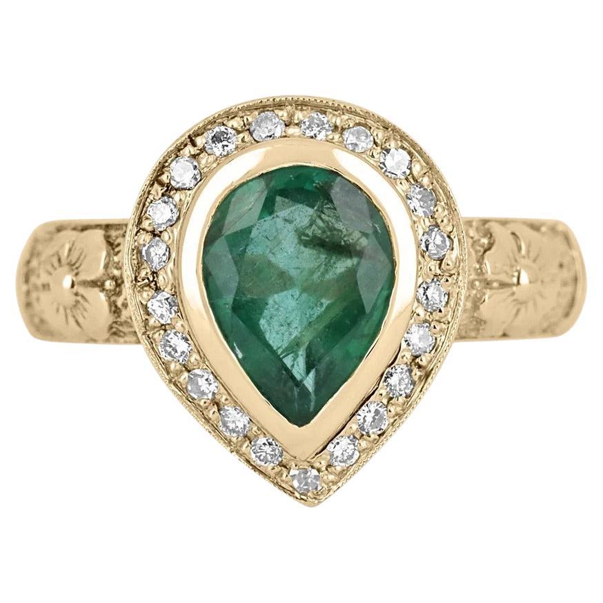 1.86tcw 14K Natural Emerald-Pear Cut & Diamond Halo Floral Design Gold Ring For Sale